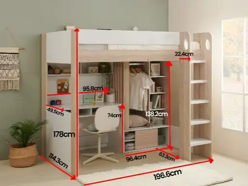 Dimensions diagram for Flair Hampton Single High Sleeper Bed with Desk & Wardrobe White & Oak