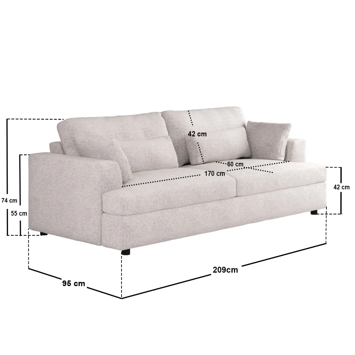 Dimensions diagram for SOLACE+CO Drew 3 Seater Sofa