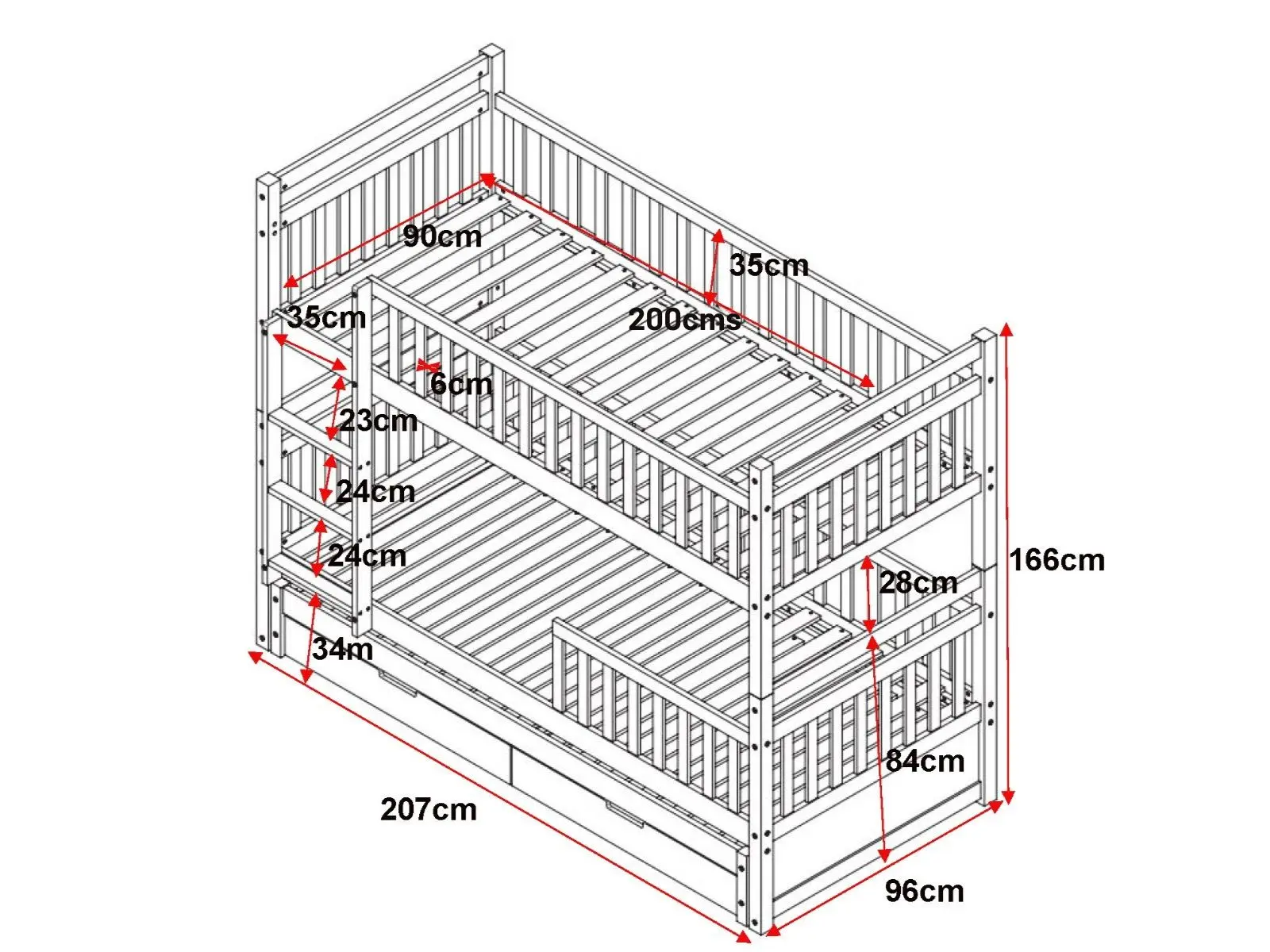 Dimensions diagram for Flair Elvis Bunk Bed with Trundle & Drawers White