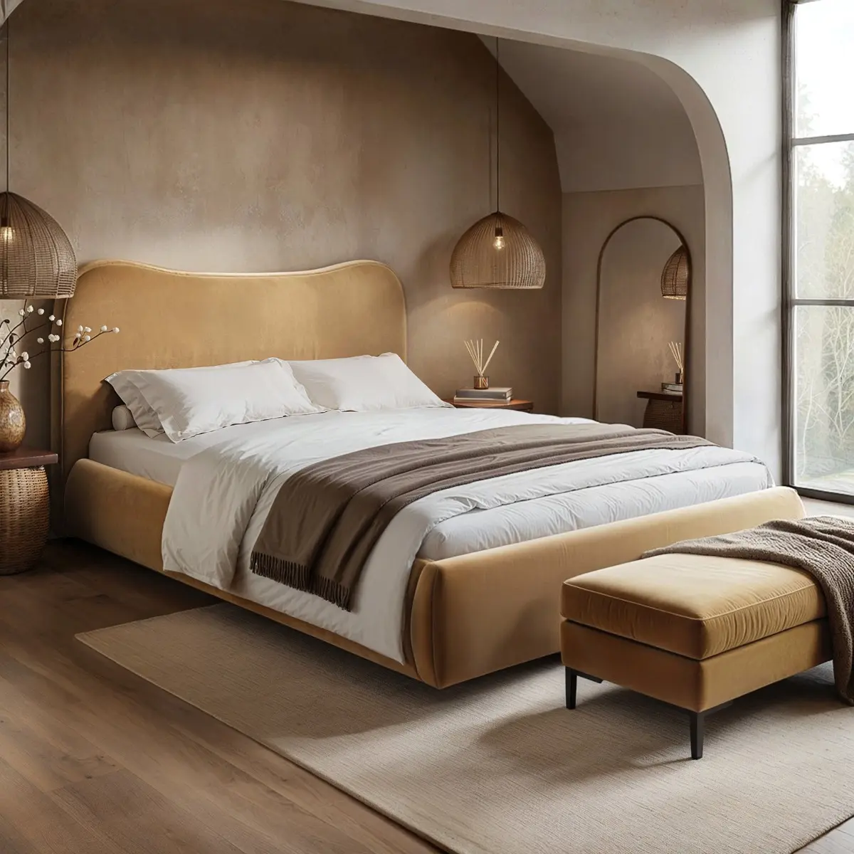 SOLACE+CO Ember Ottoman Bed with Curved Headboard Sand Velvet 