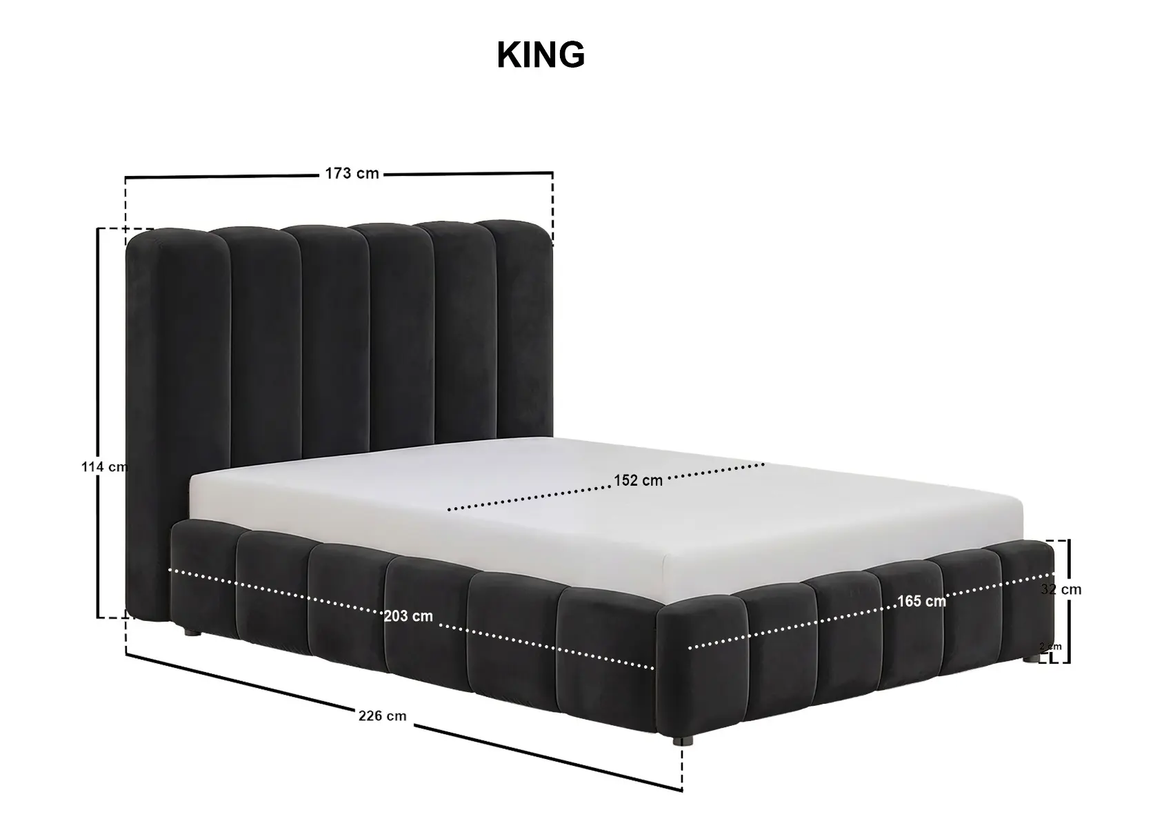 Dimensions diagram for SOLACE+CO Emilie Ribbed Ottoman Kingsize Bed Black Velvet 