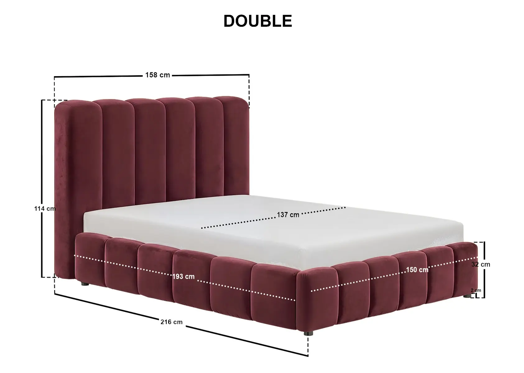 Dimensions diagram for SOLACE+CO Emilie Ribbed Ottoman Double Bed Burgundy Velvet