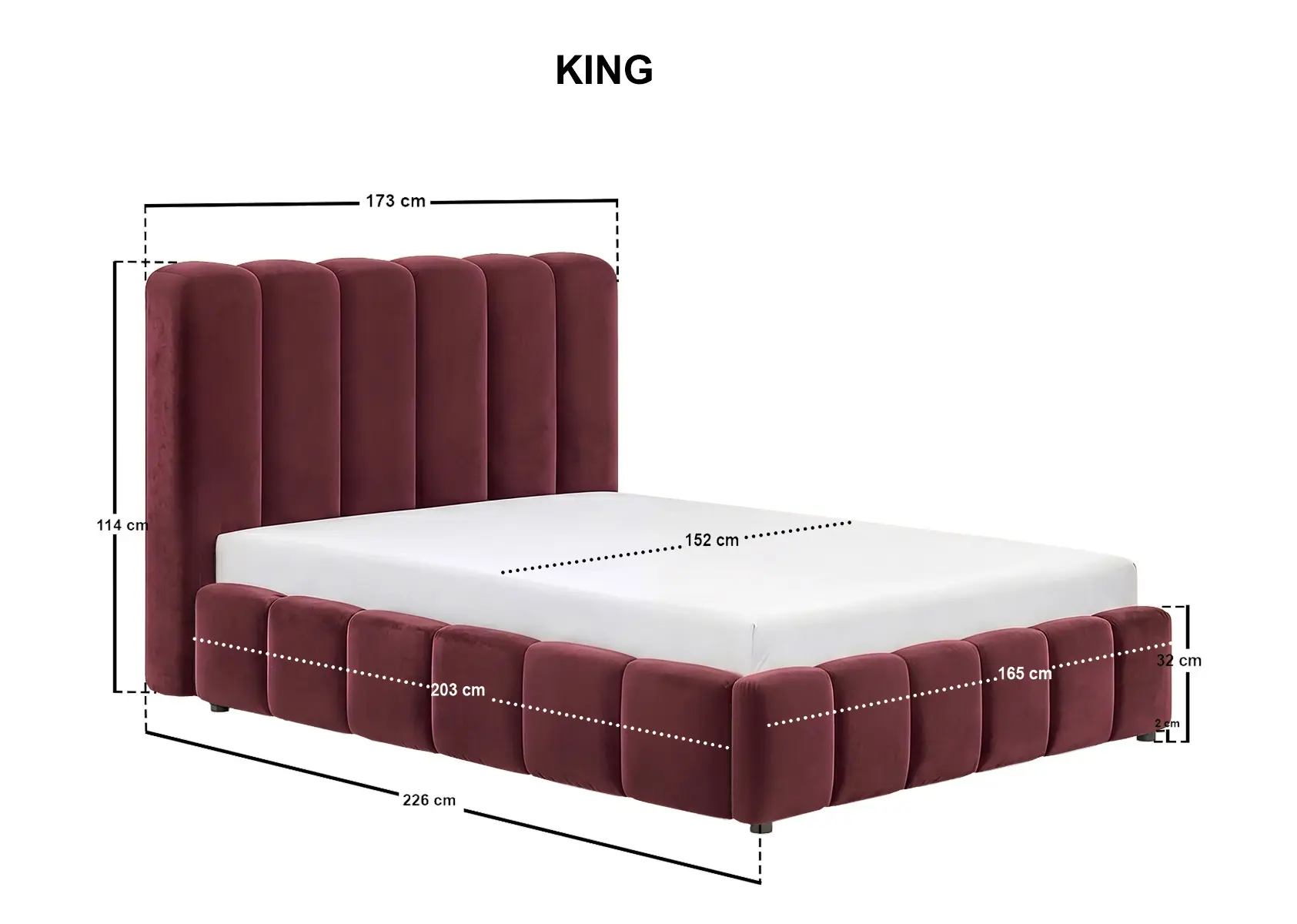 Dimensions diagram for SOLACE+CO Emilie Ribbed Ottoman Kingsize Bed Burgundy Velvet
