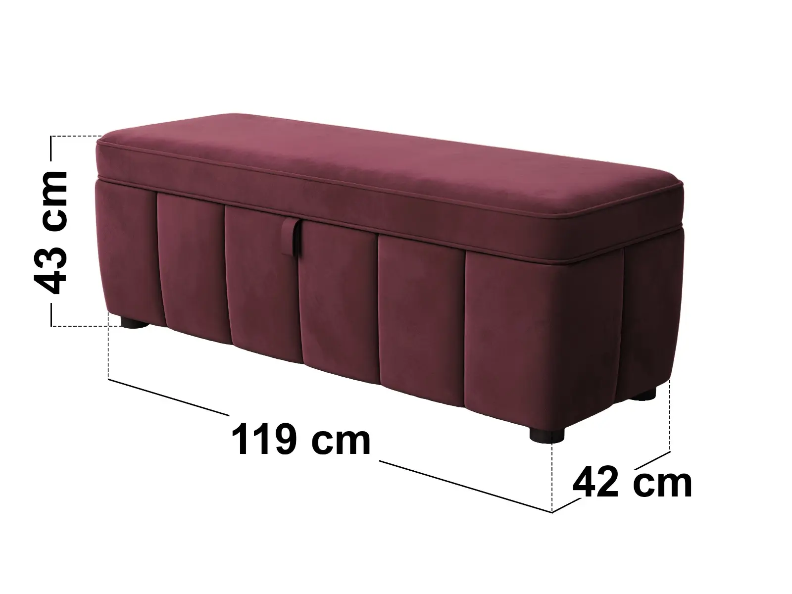 Dimensions diagram for SOLACE+CO Emilie Ottoman Blanket Box Burgundy Velvet