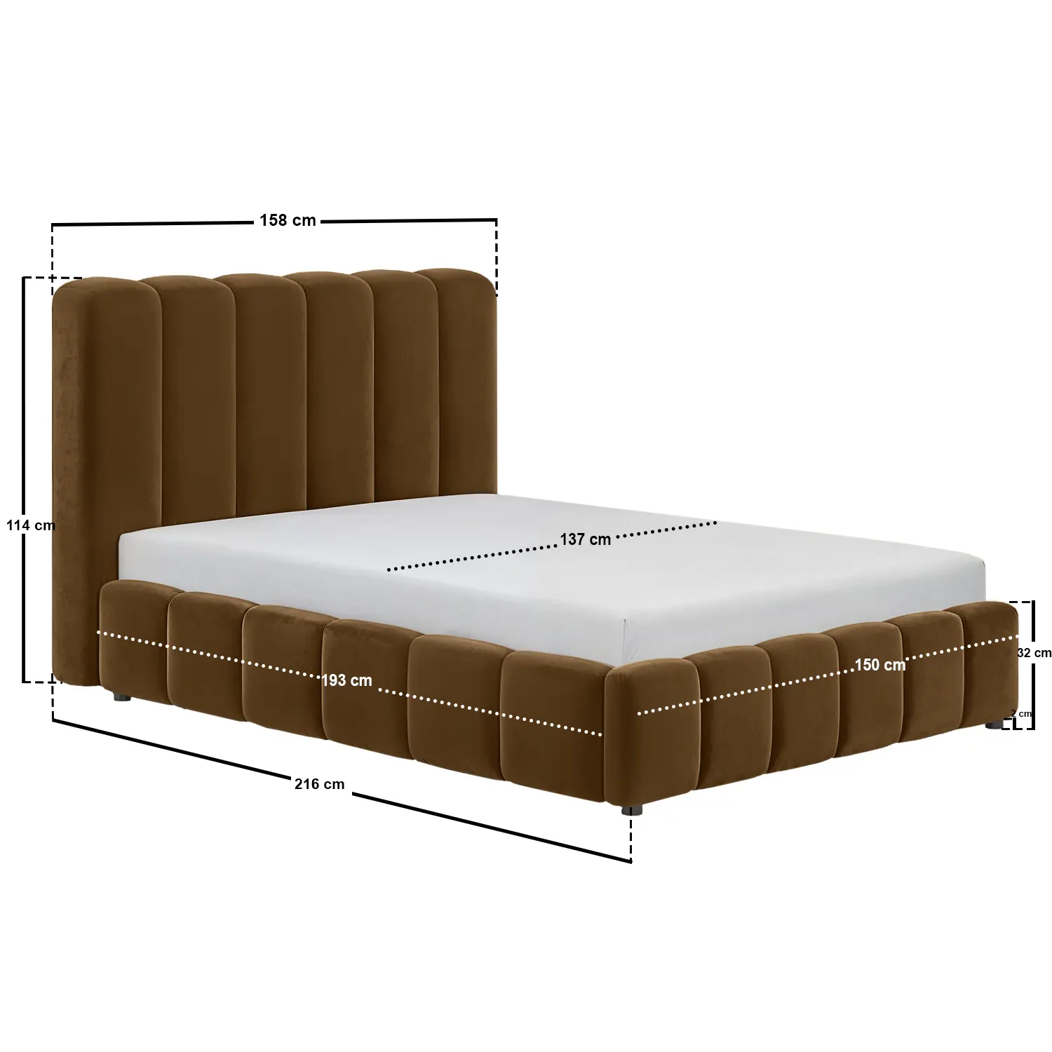 Dimensions diagram for SOLACE+CO Emilie Ribbed Ottoman Double Bed Brown Velvet
