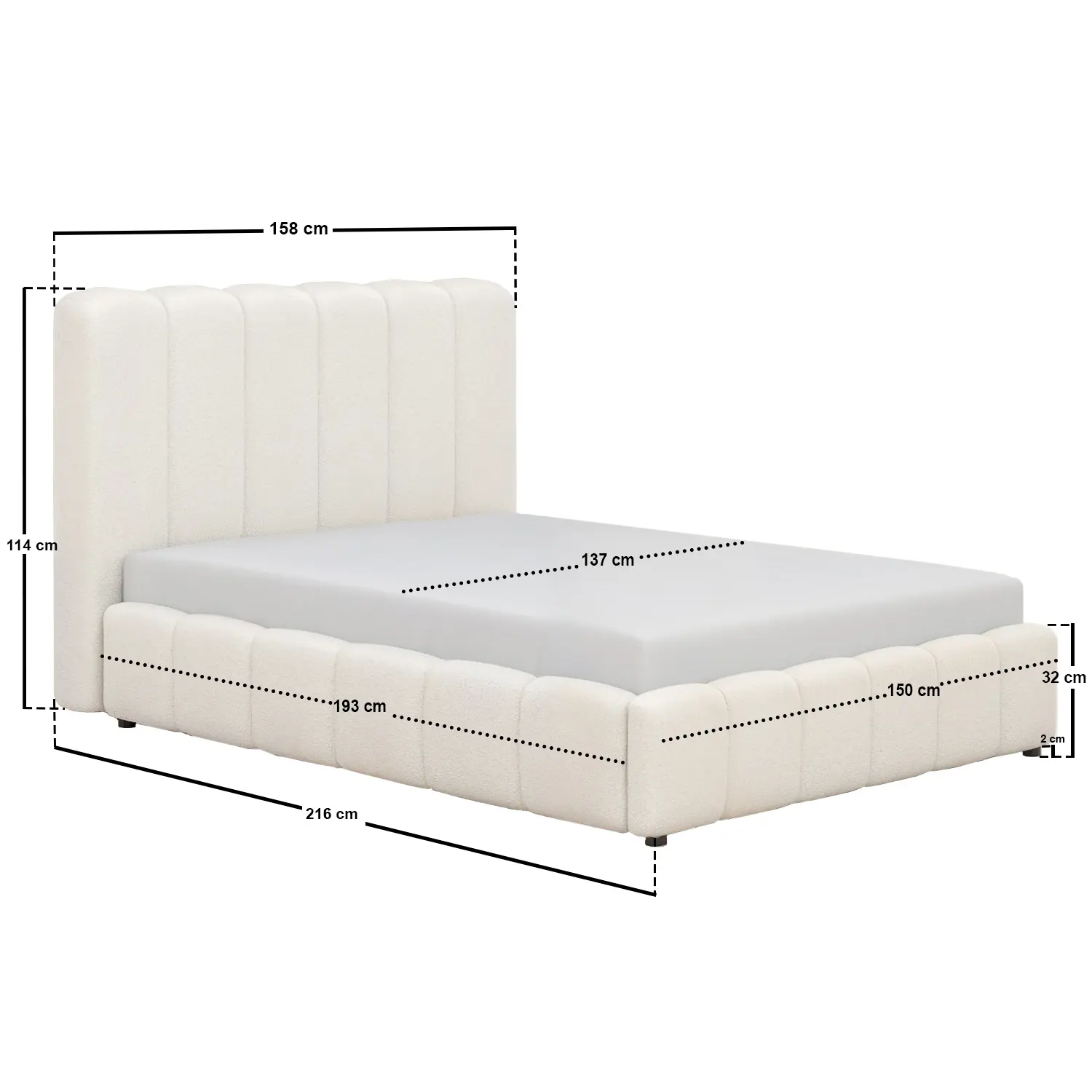Dimensions diagram for SOLACE+CO Emilie Ribbed Ottoman Double Bed Cream Boucle