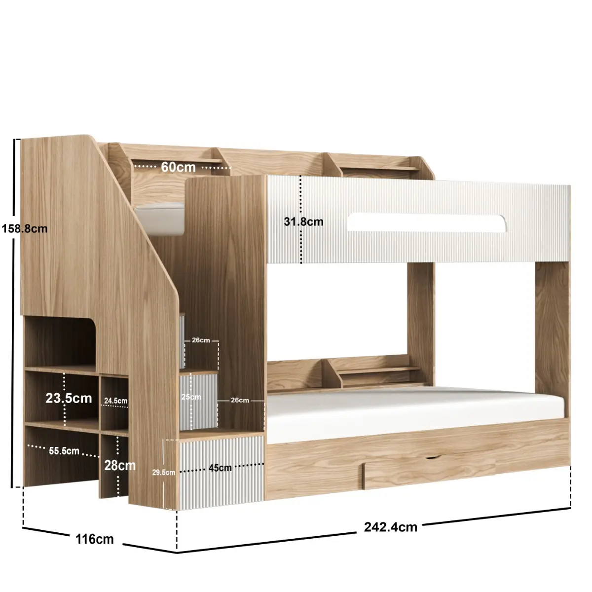 Dimensions diagram for Flair Finn Staircase Bunk Bed with Storage