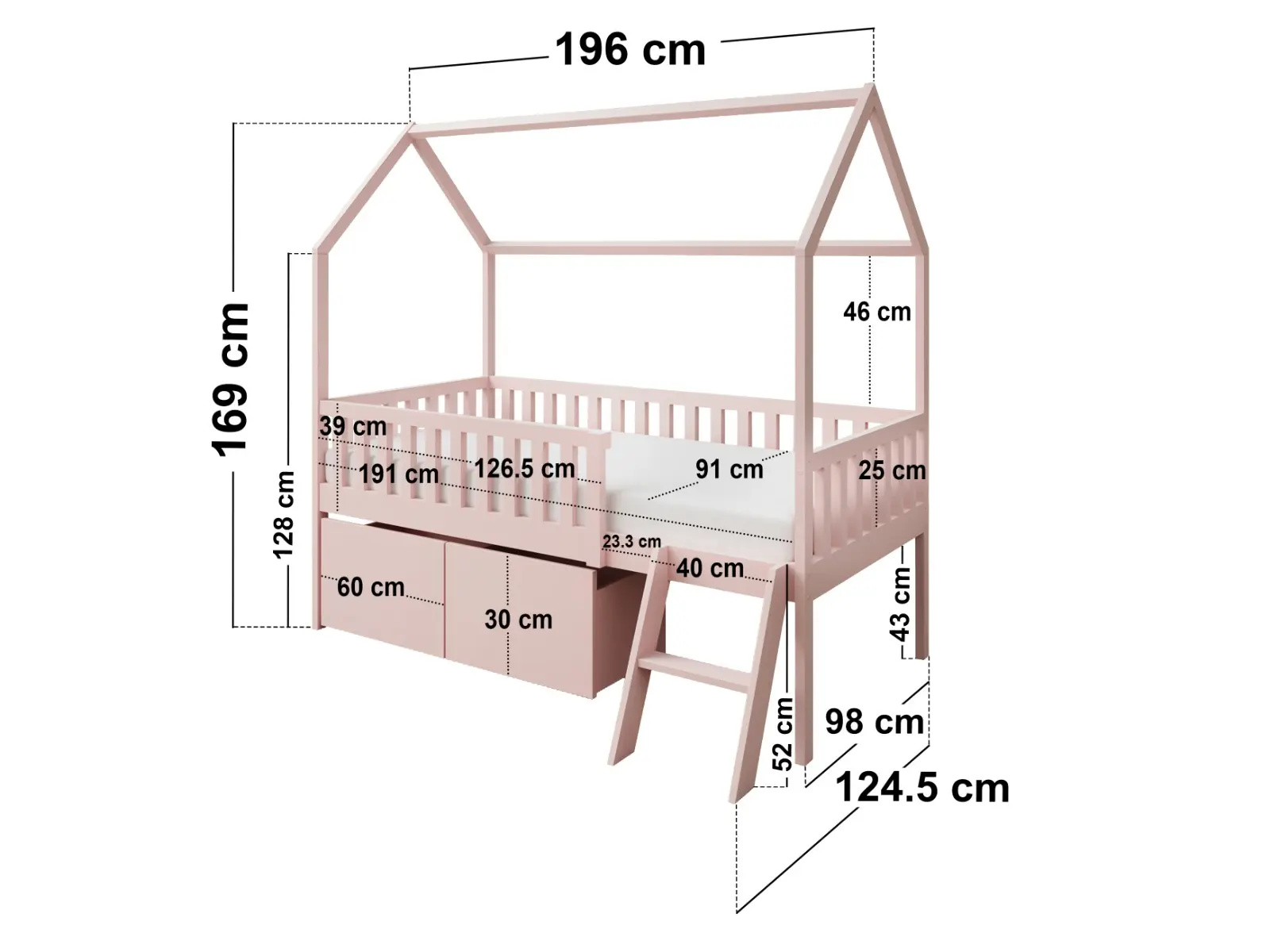 Dimensions diagram for Flair Explorer Single Mid Sleeper Bed with Toy Box