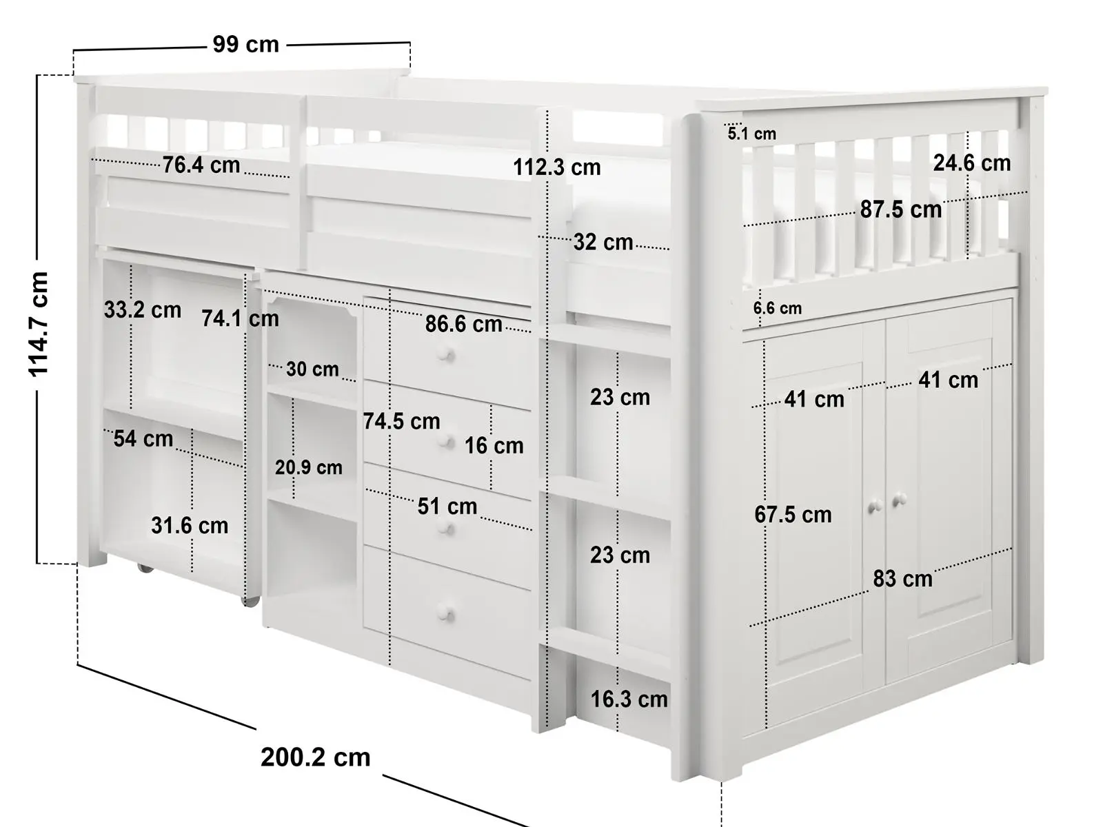Dimensions diagram for Flair Oban Single Midsleeper Cabin Bed with Desk White