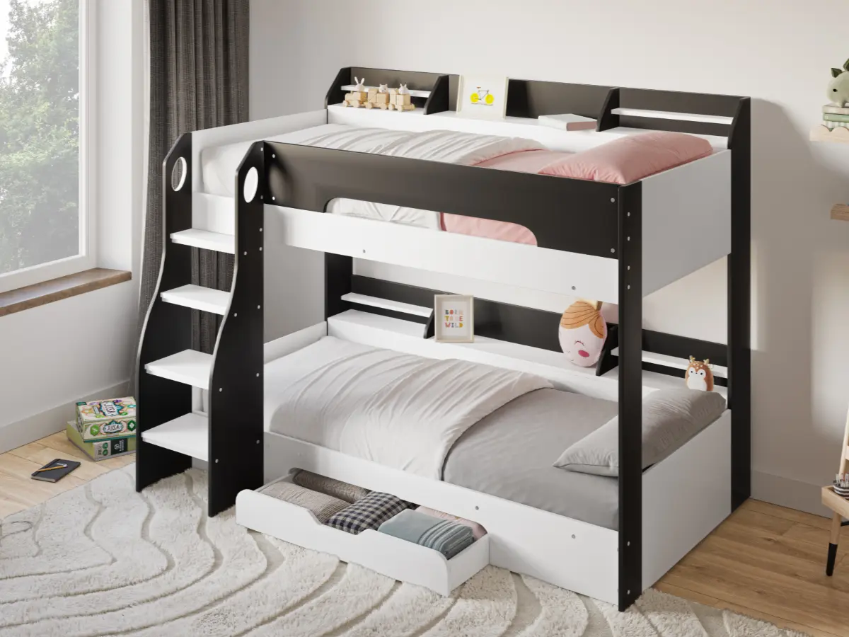 Dimensions diagram for Flair Flick Storage Grey Bunk Bed with Drawer 
