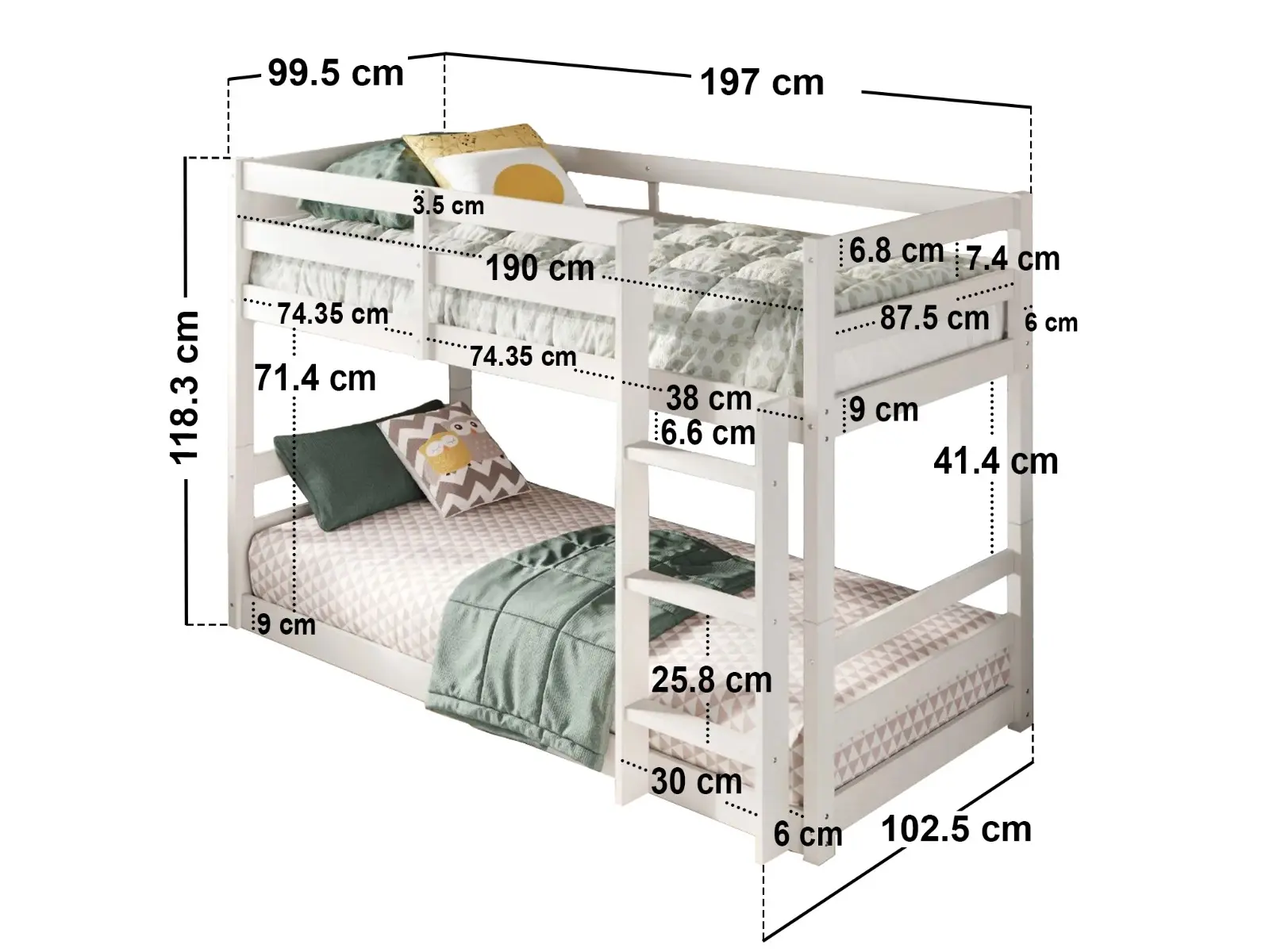 Dimensions diagram for Flair Shasha Low Wooden Detachable Bunk Bed White