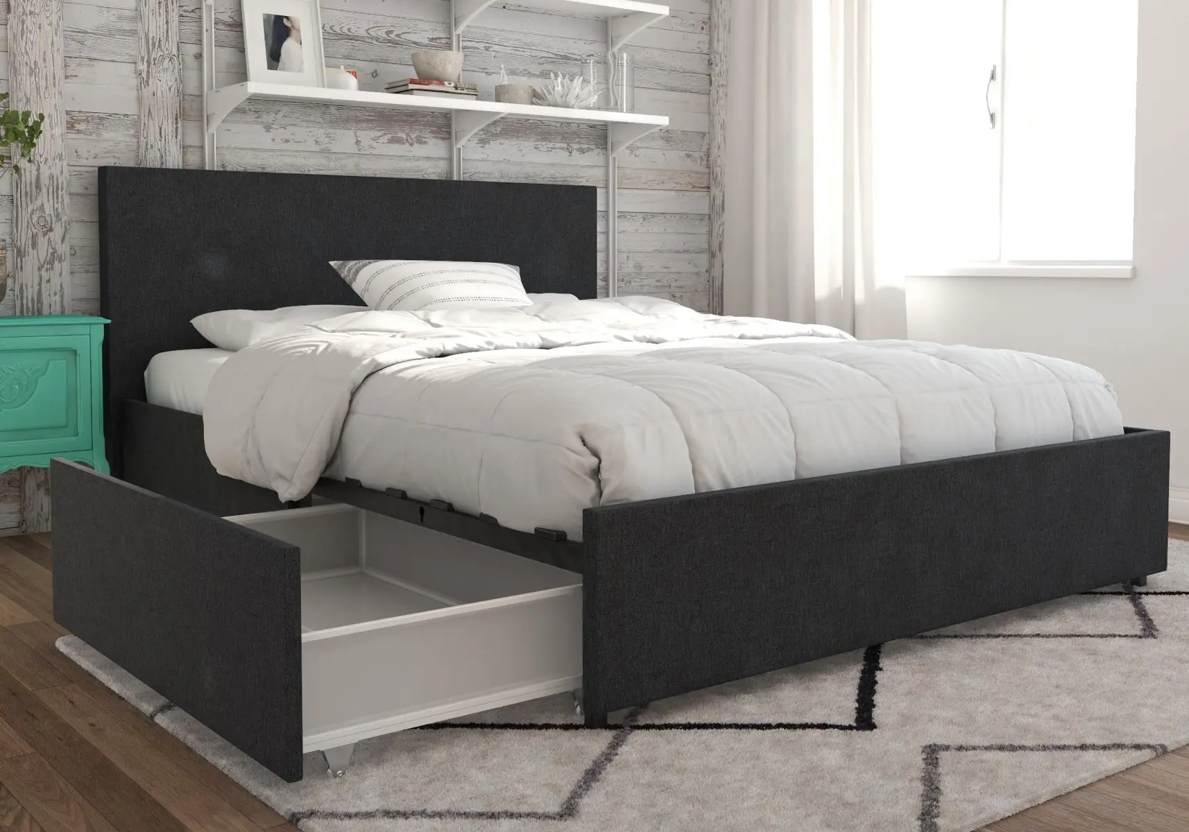 Dimensions diagram for Novogratz Kelly Linen Storage Bed Frame