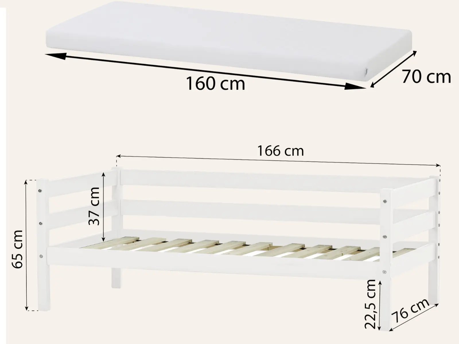 Dimensions diagram for Hoppekids Shorty Daybed 