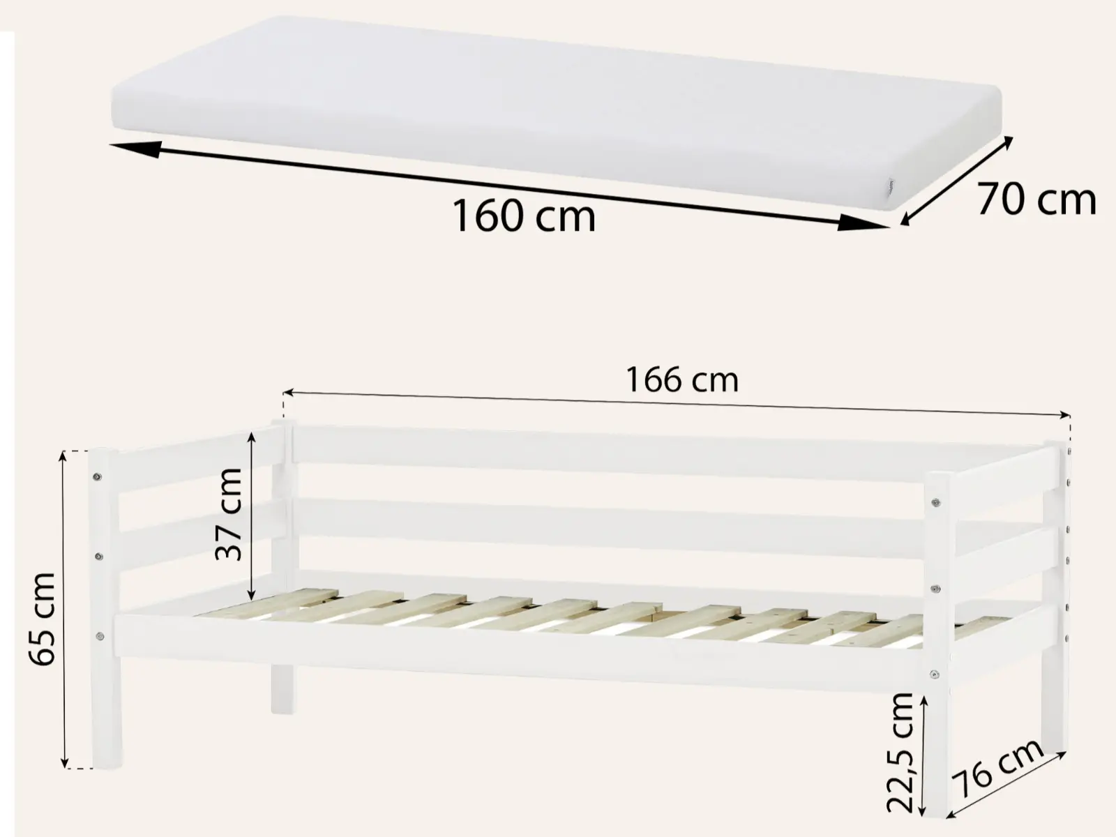Dimensions diagram for Hoppekids Shorty Daybed + Safety Rail