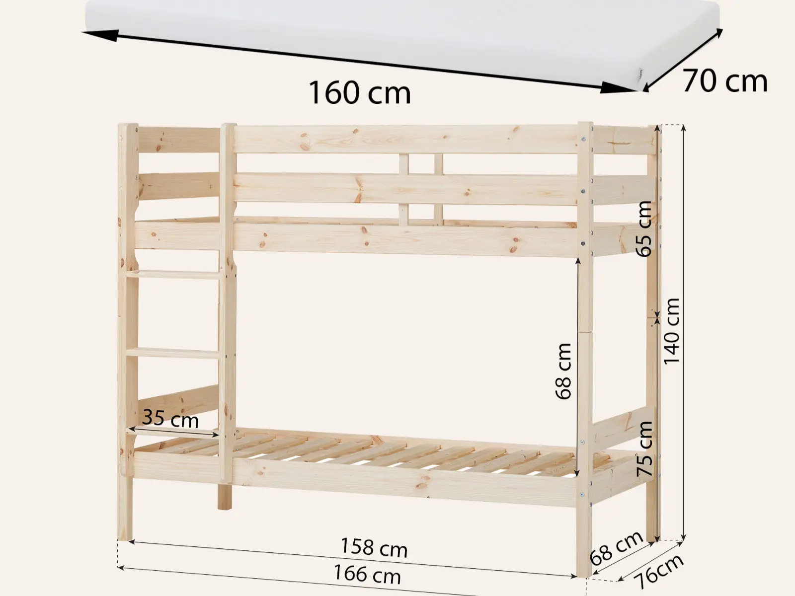 Dimensions diagram for Hoppekids Shorty Bunkbed 