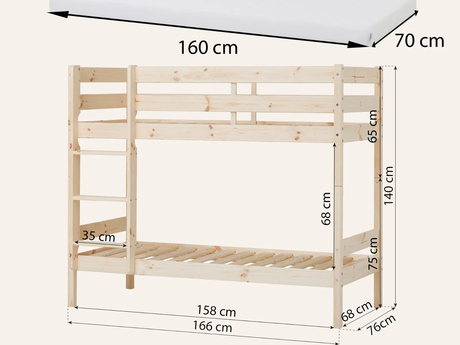 Dimensions diagram for Hoppekids Shorty Bunkbed + Safety Rail