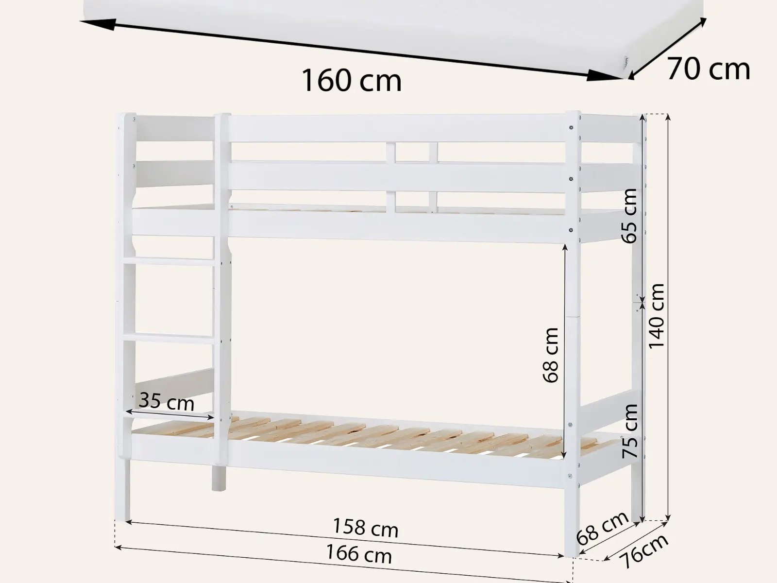 Dimensions diagram for Hoppekids Shorty Bunkbed with Drawers Natural