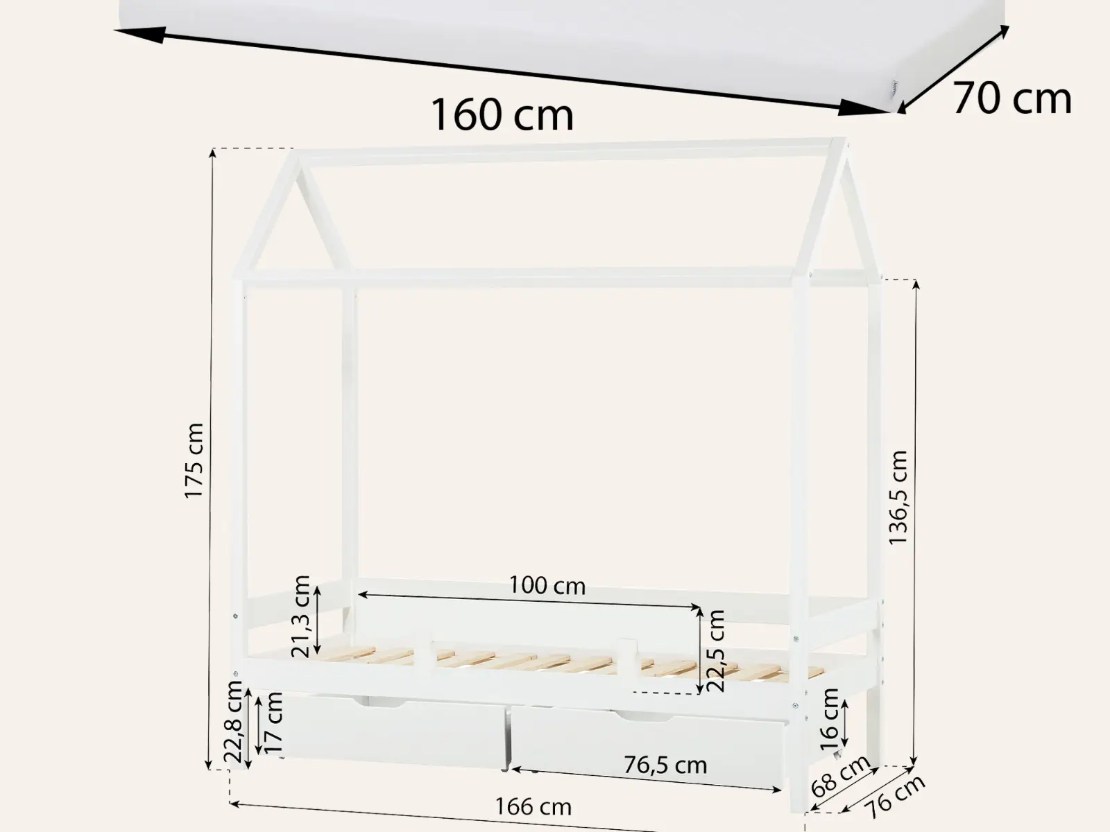 Dimensions diagram for Hoppekids Shorty Housebed with Safety Rail White