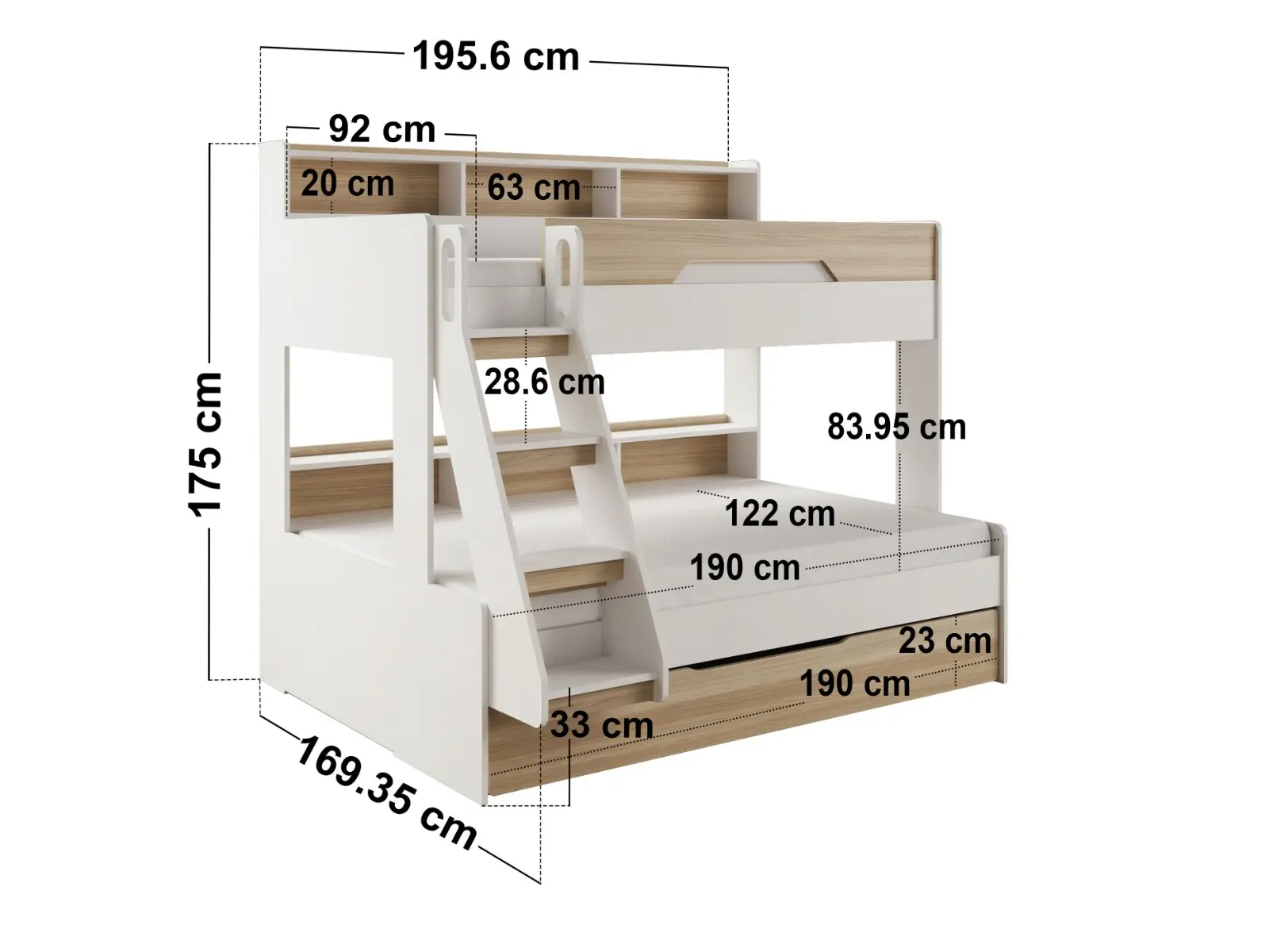 Dimensions diagram for Flair Interstellar Triple Bunk Bed with Storage Oak