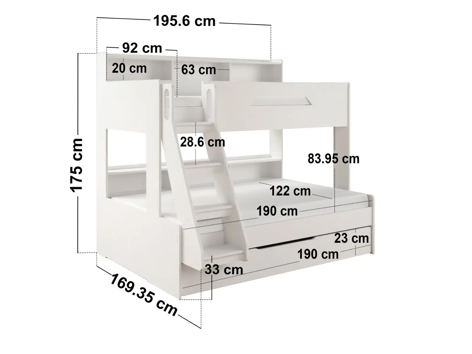 Dimensions diagram for Flair Interstellar Triple Bunk Bed with Storage White
