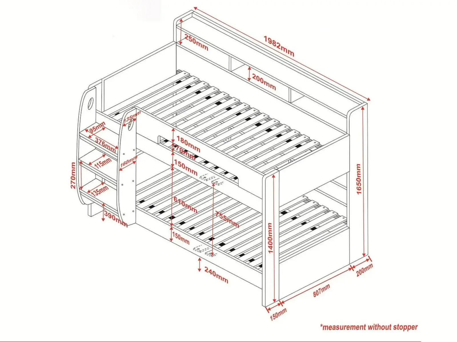 Dimensions diagram for Flair Interstellar Bunk Bed with Shelves