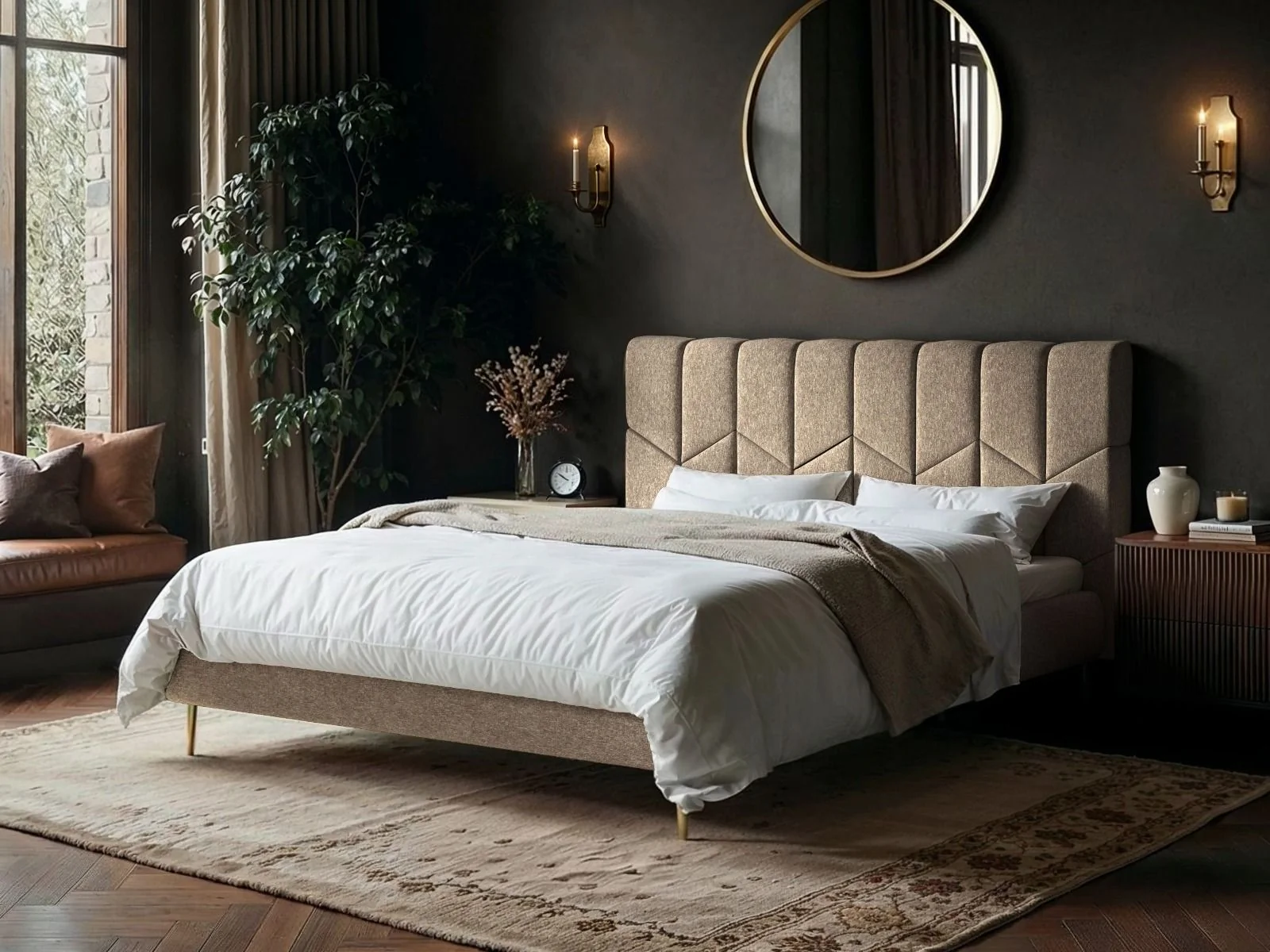 SOLACE+CO Isabela Chenille Upholstered Bed Frame with Chevron Headboard