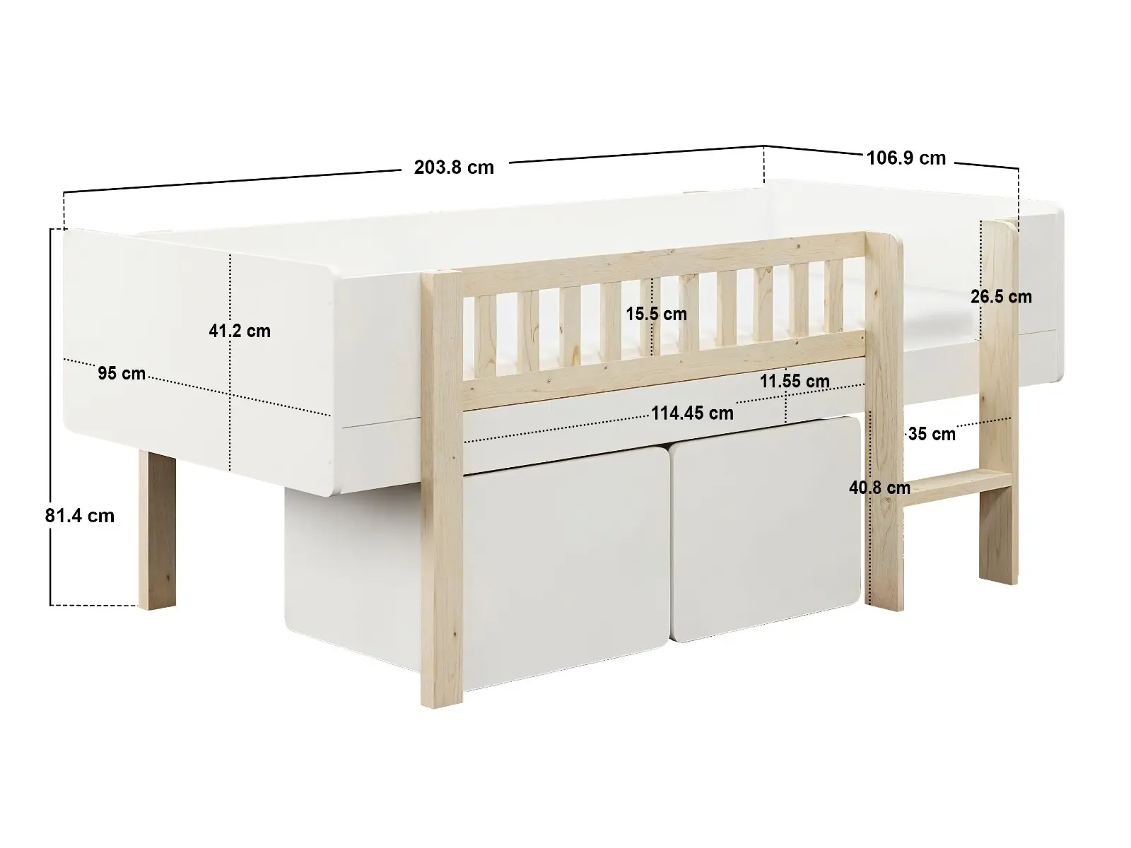 Dimensions diagram for Noomi Kayla Mid Sleeper with Storage White (FSC-Certified) 