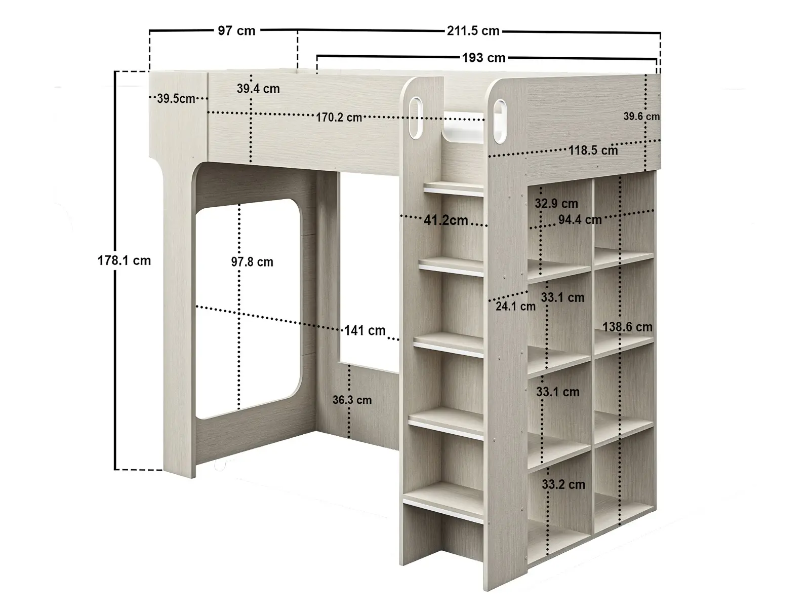 Dimensions diagram for Flair Leo High Sleeper with Storage White Oak