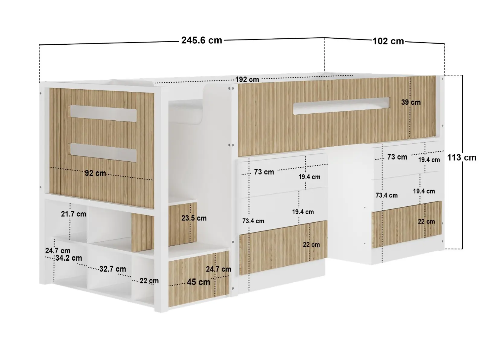 Dimensions diagram for Flair Luca Mid Sleeper Cabin Bed with Drawers and Storage White 