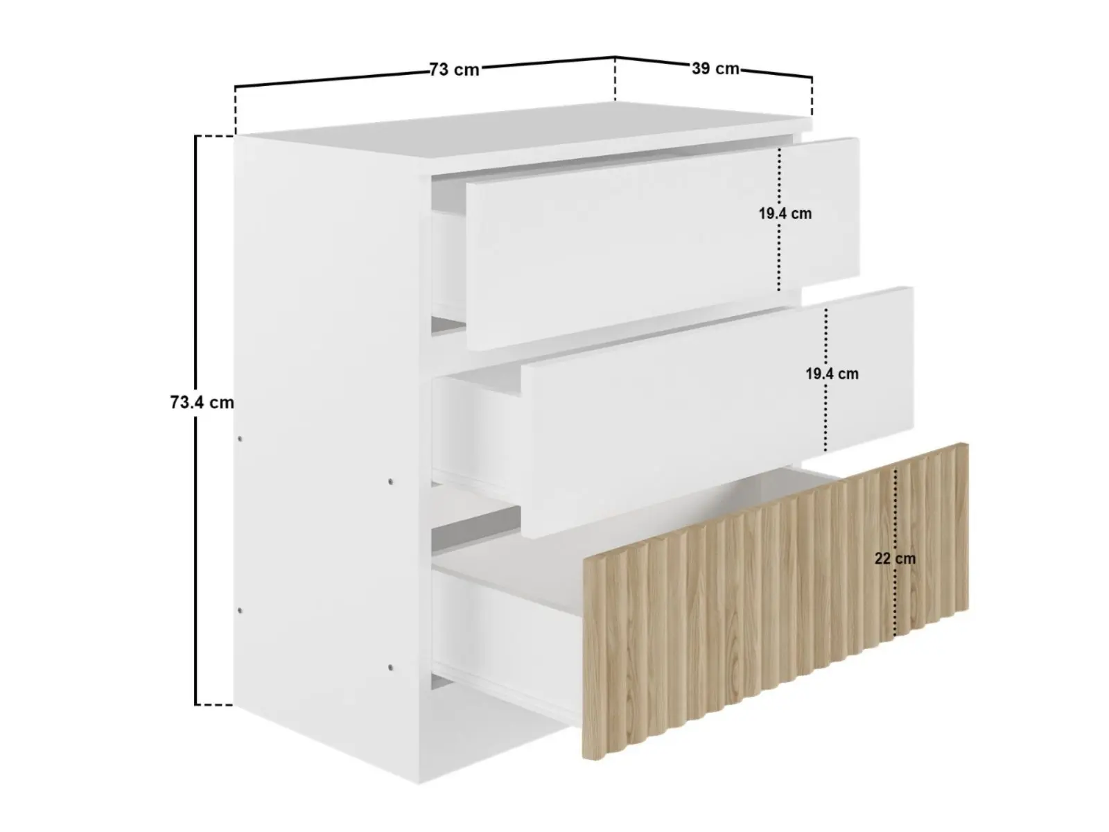 Dimensions diagram for Flair Luca 3 Drawer Chest Ribbed White & Oak