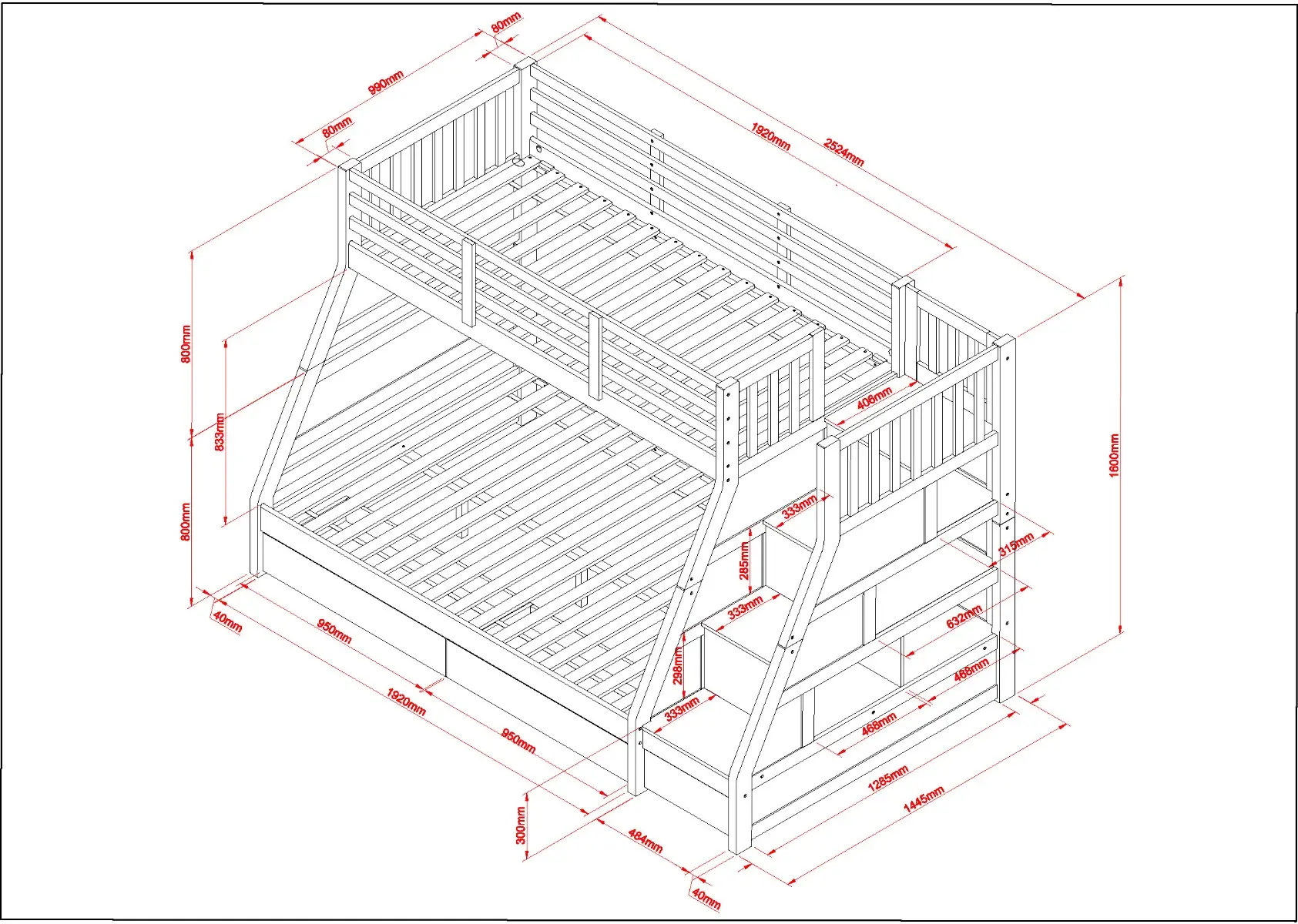 Dimensions diagram for Flair Lunar Wooden Triple Staircase Bunk Bed with Storage