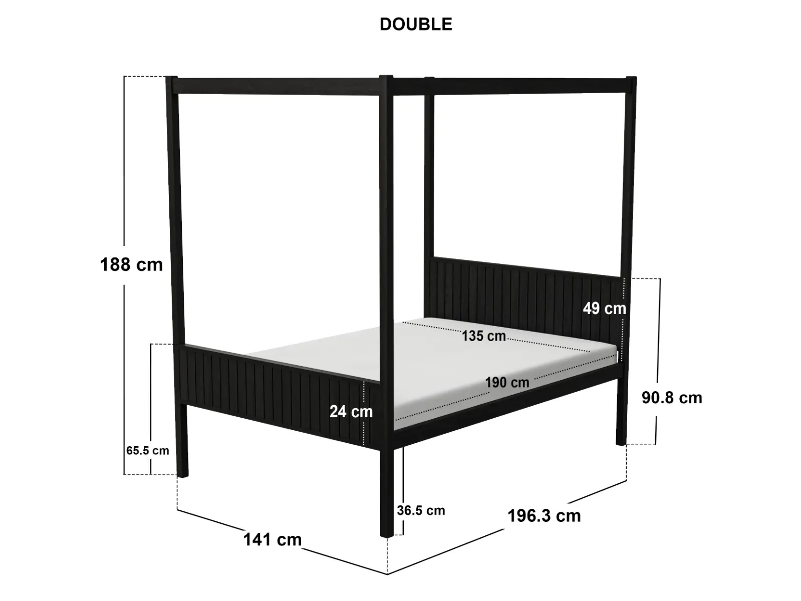 Dimensions diagram for Flair Maddy 4 Poster Bed Frame Solid Pine Black Double