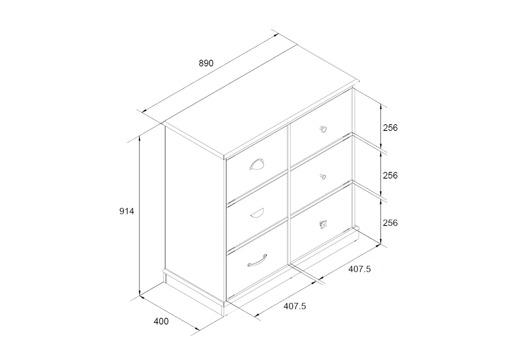 Dimensions diagram for Dorel Mercer 6 Door Storage Cabinet