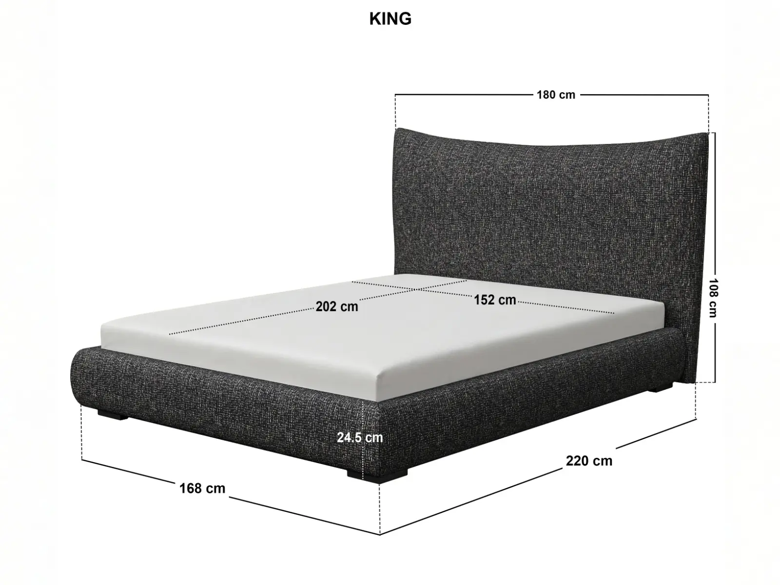 Dimensions diagram for SOLACE+CO Miller Curved Headboard Bed Frame Black Chenille