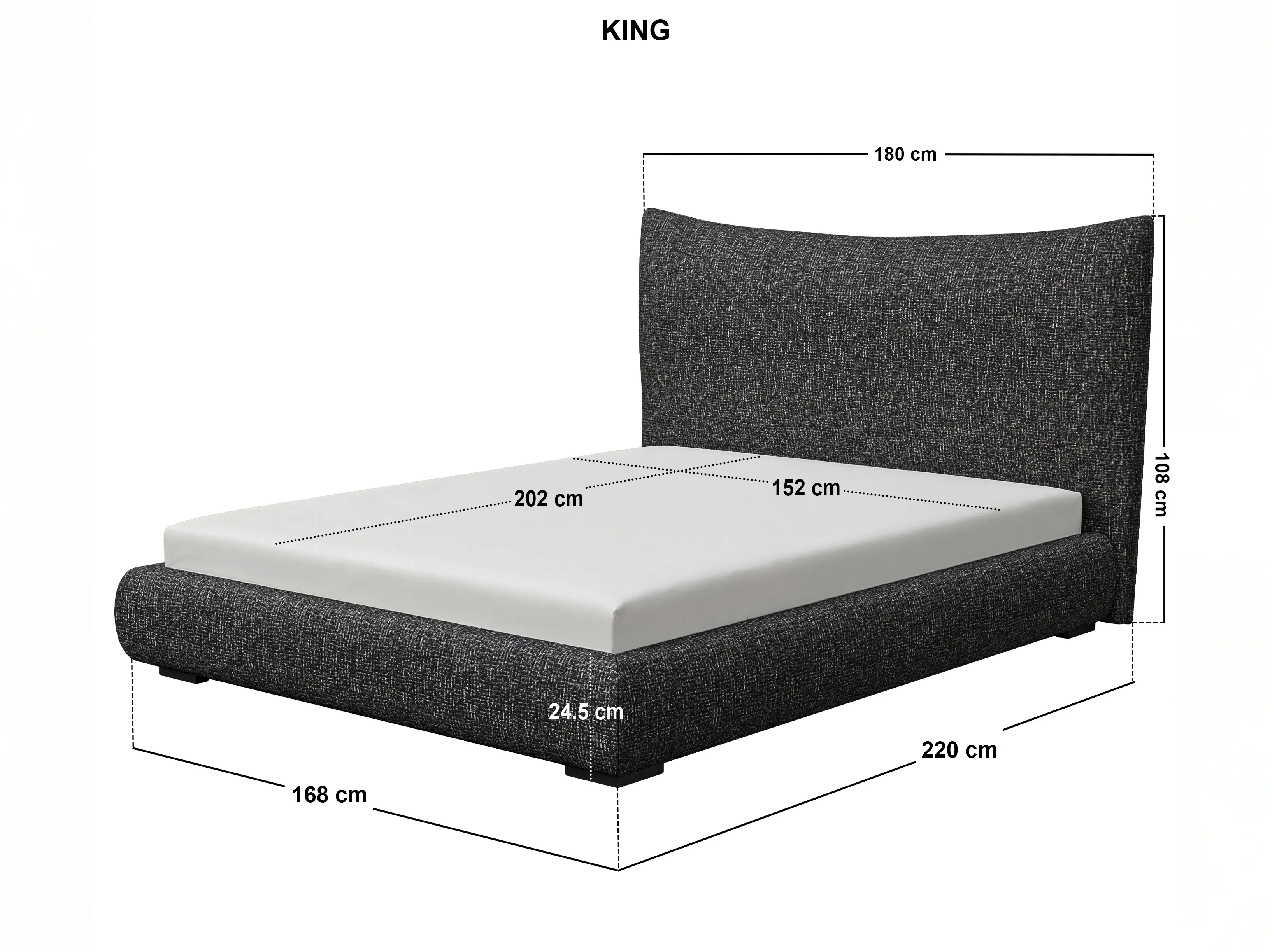 Dimensions diagram for SOLACE+CO Miller Curved Headboard Bed Frame Black Chenille-Kingsize