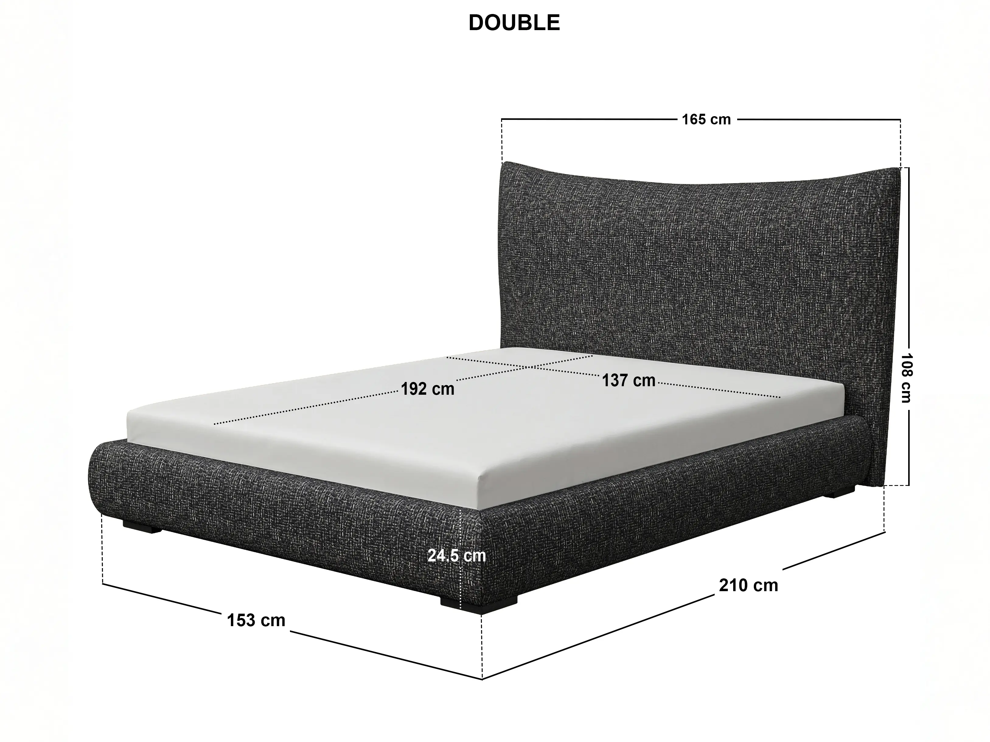 Dimensions diagram for SOLACE+CO Miller Curved Headboard Bed Frame Black Chenille-Double