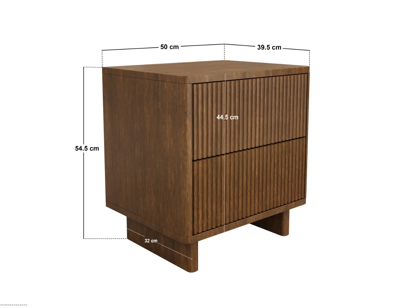 Dimensions diagram for SOLACE+CO Velmor 2 Drawer Ribbed Bedside Table Walnut