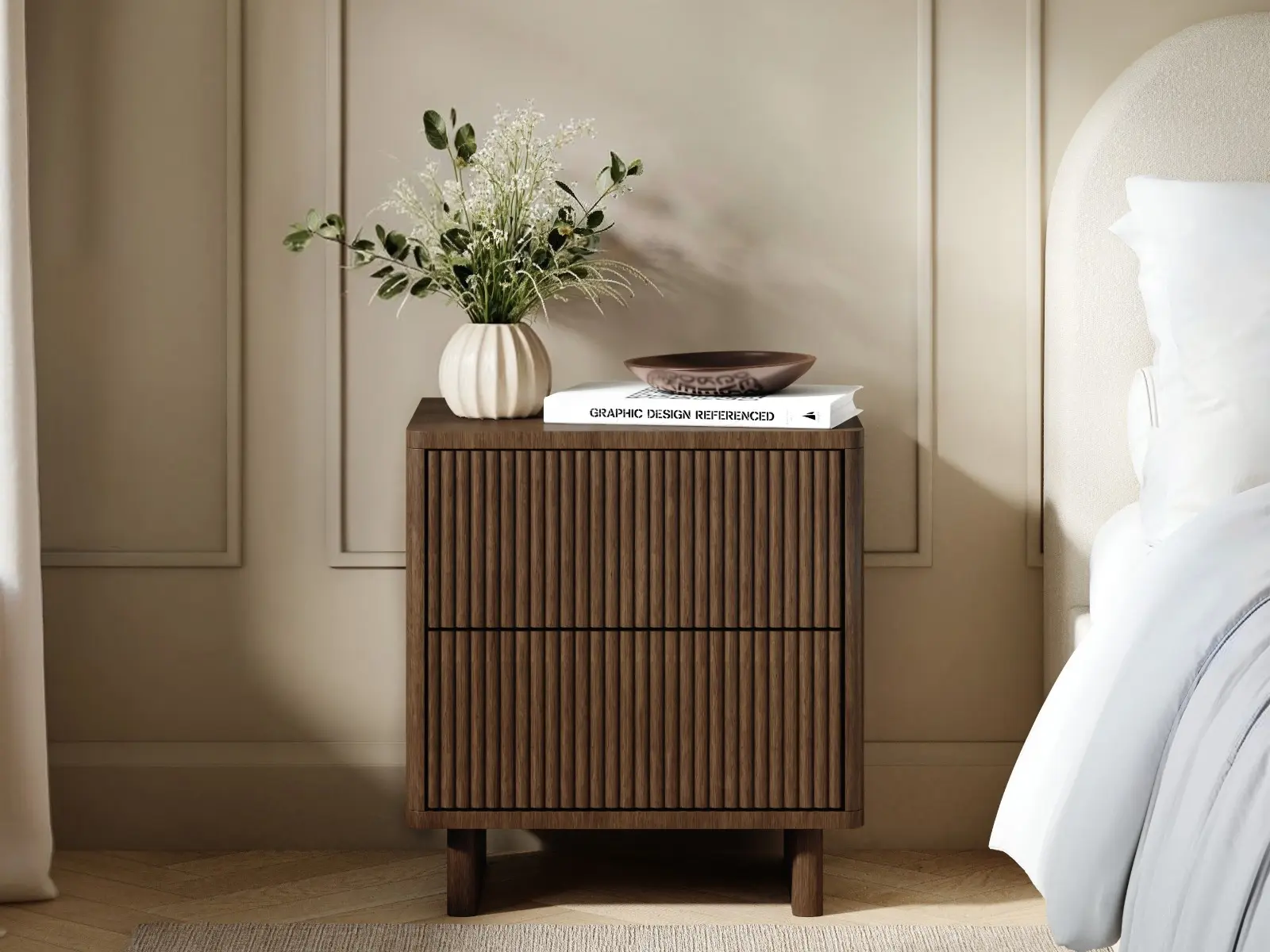 SOLACE+CO Velmor 2 Drawer Ribbed Bedside Table Walnut
