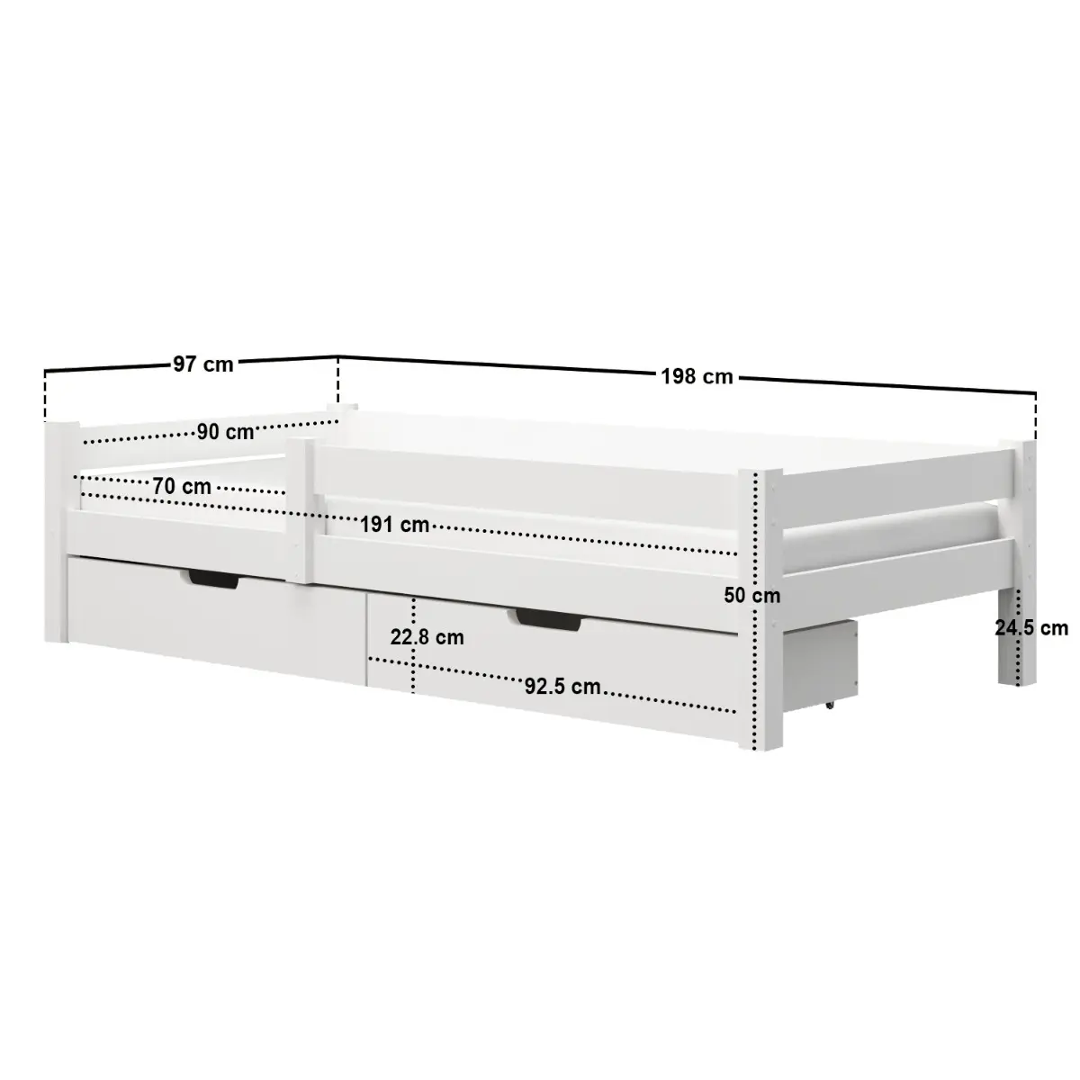 Dimensions diagram for Flair Milo Wooden Single Bed with Storage 