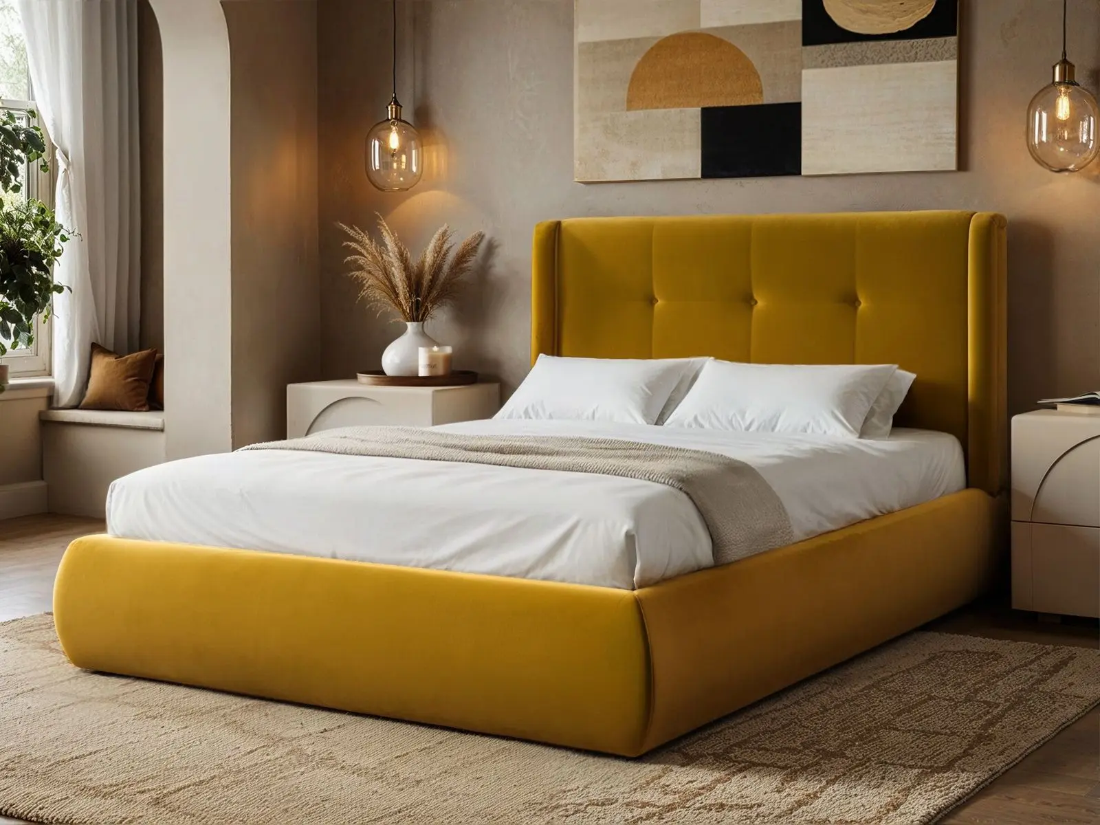 SOLACE+CO Monte Gold Velvet Winged Button Headboard Ottoman Bed