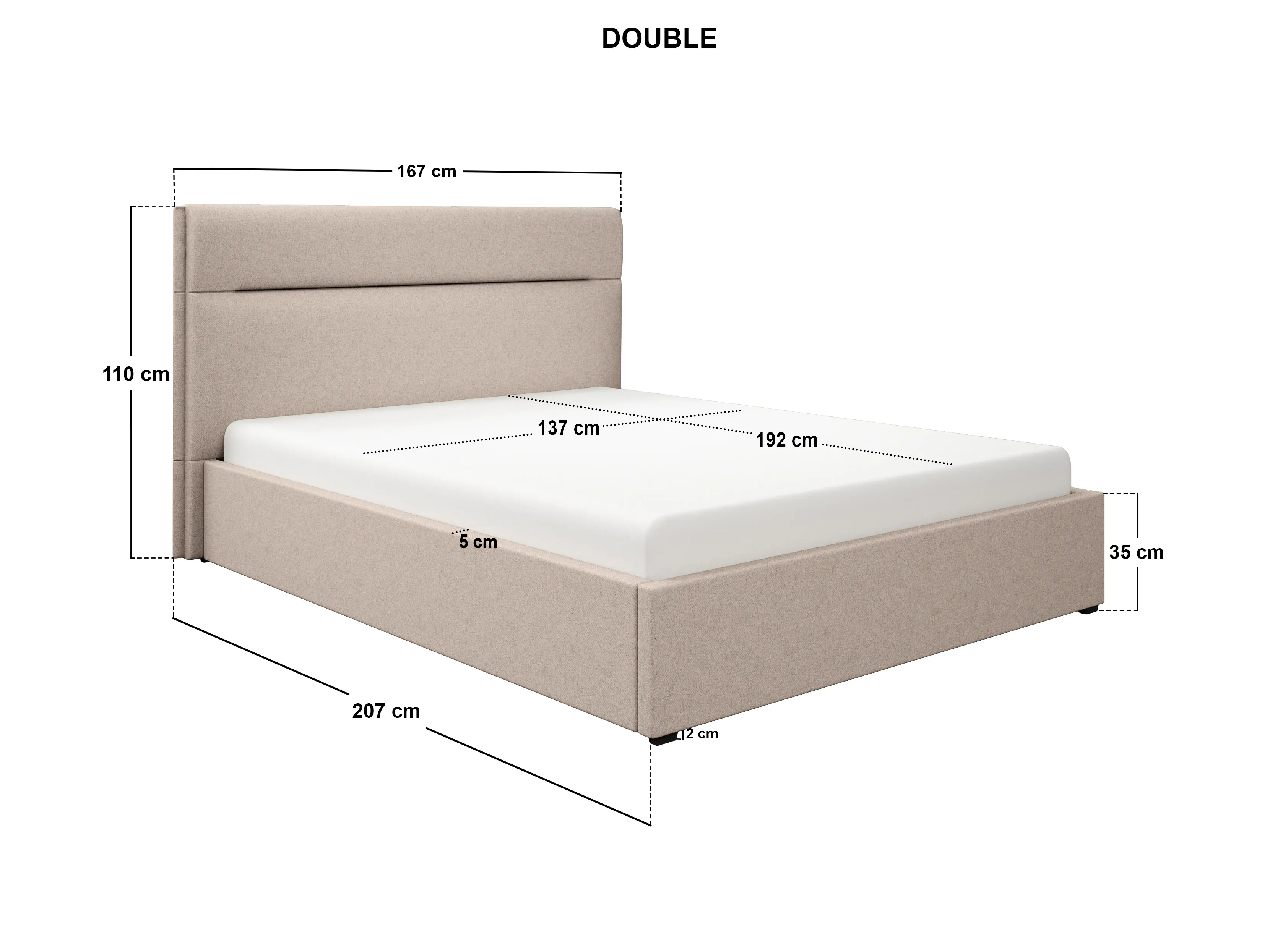 Dimensions diagram for SOLACE+CO Nela Ottoman Bed Woven Fabric Beige Double