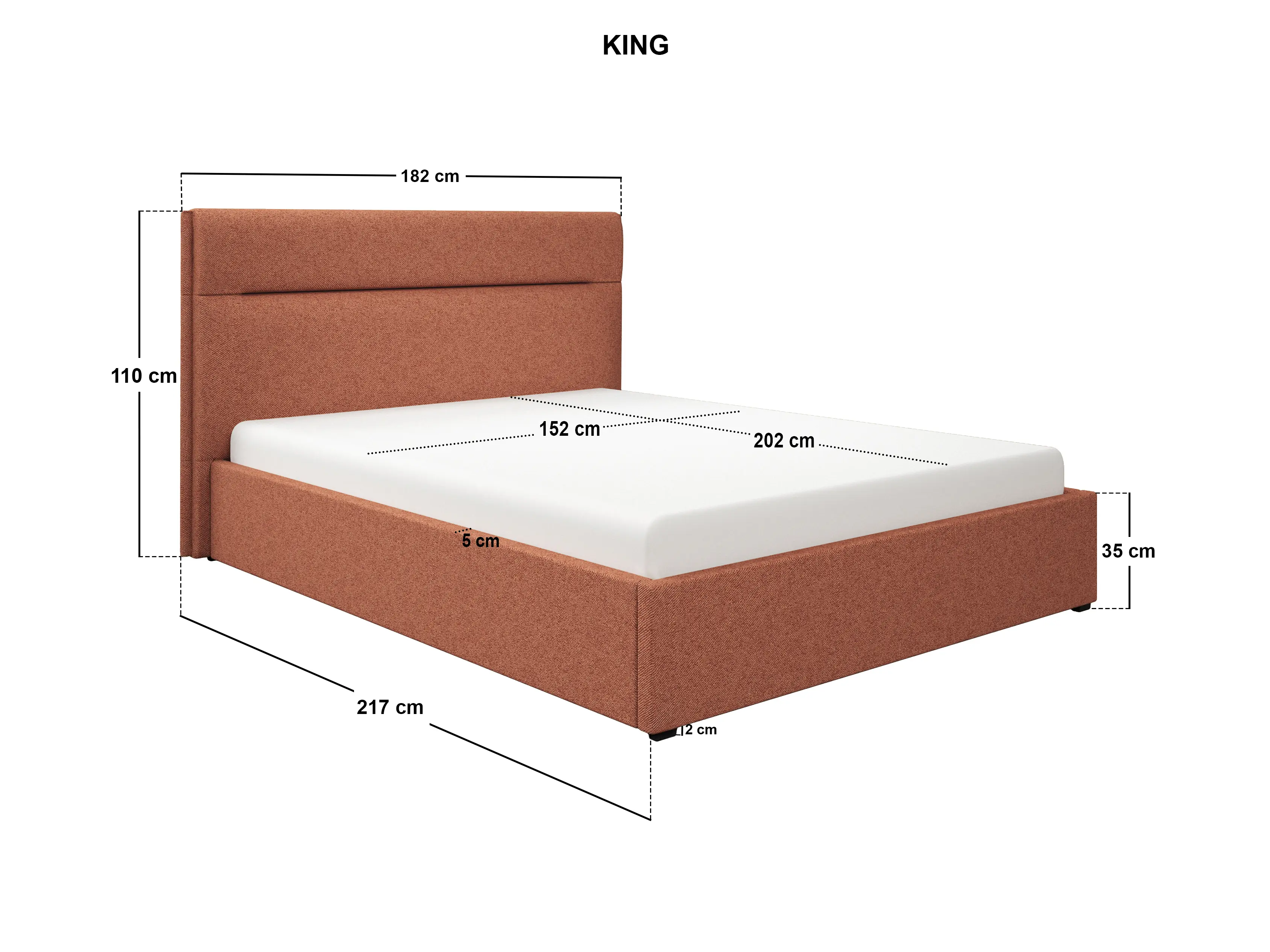 Dimensions diagram for SOLACE+CO Nela Ottoman Bed Woven Fabric Burnt Orange Kingsize