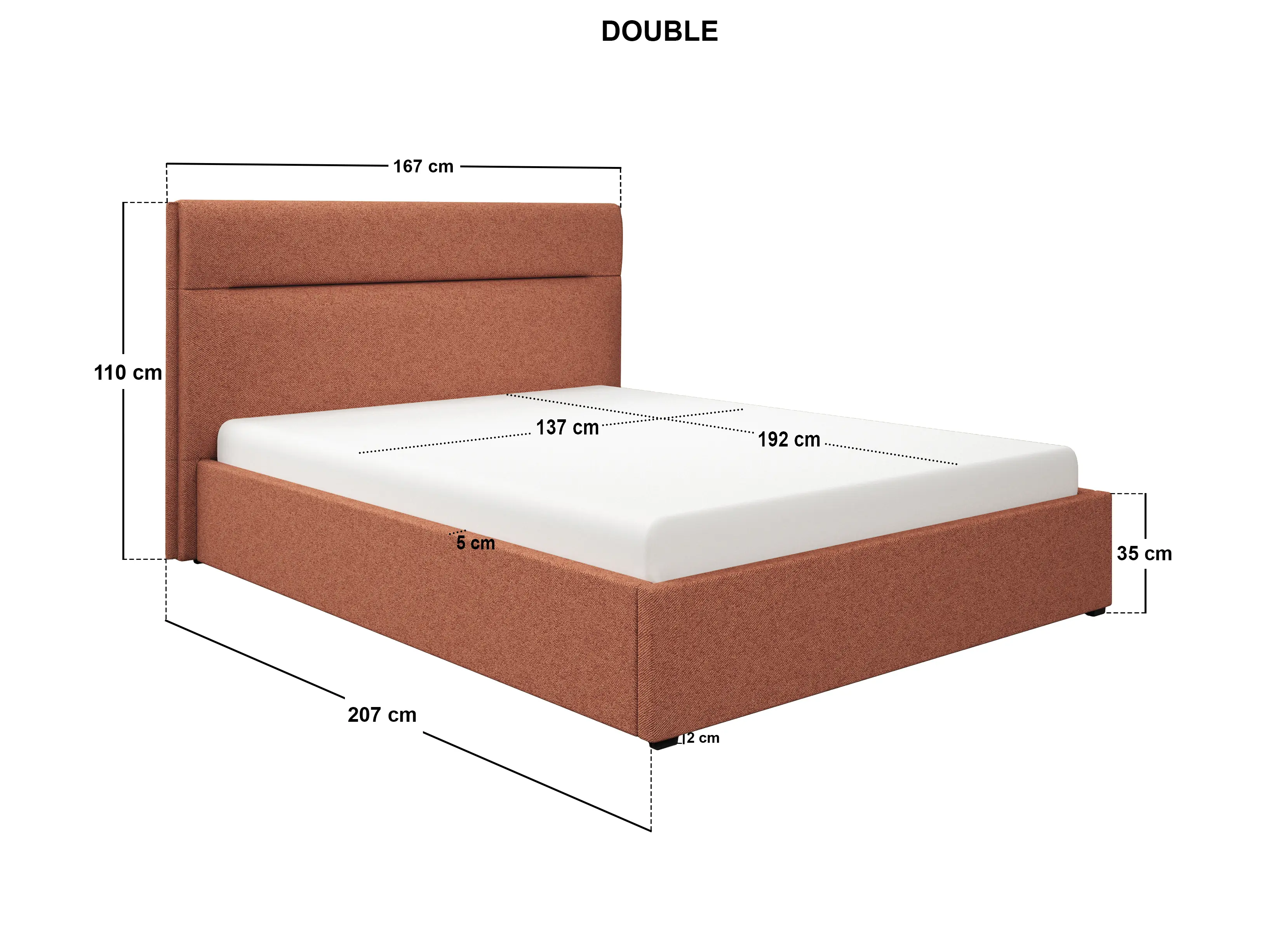 Dimensions diagram for SOLACE+CO Nela Ottoman Bed Woven Fabric Burnt Orange Double