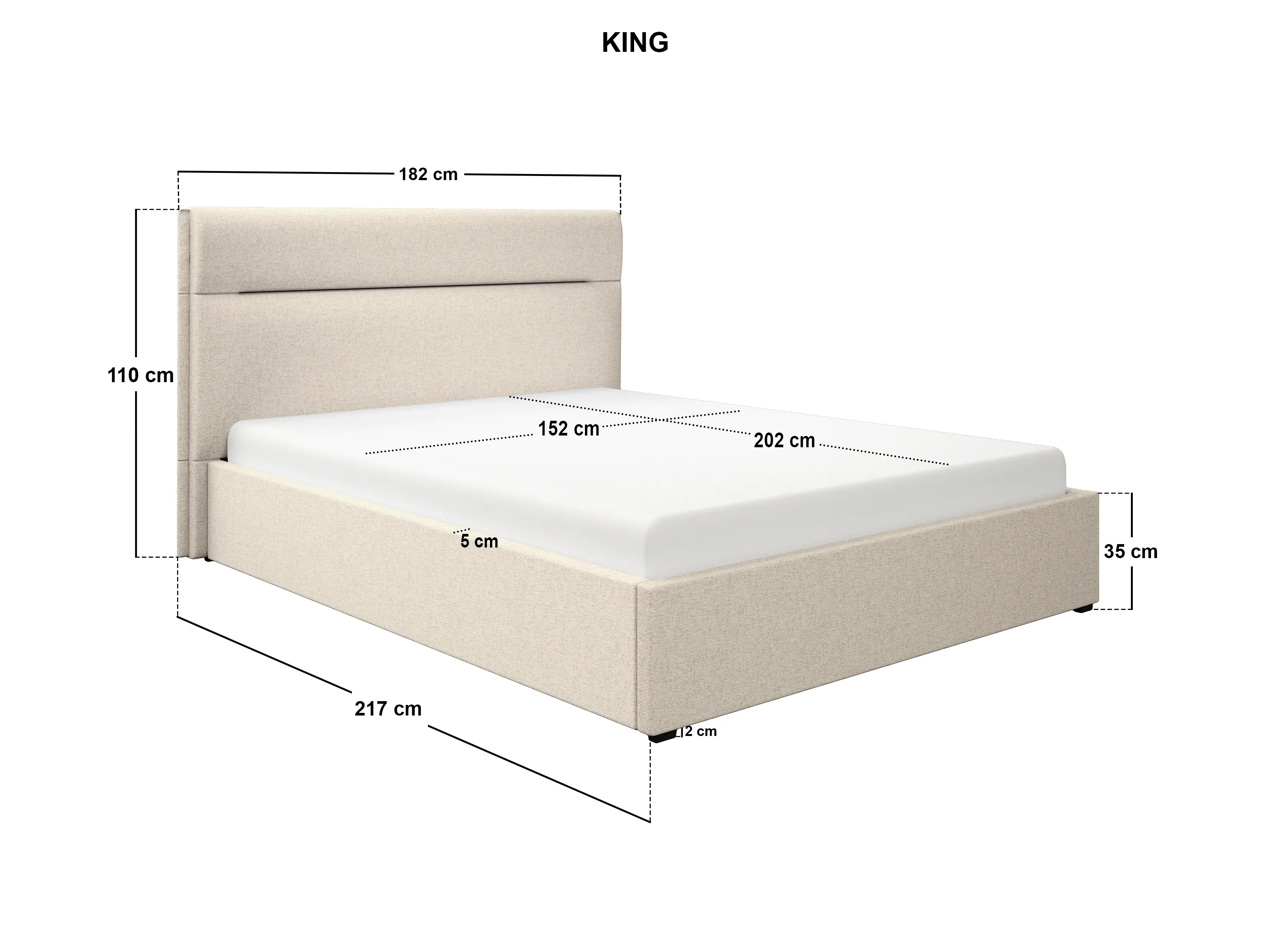 Dimensions diagram for SOLACE+CO Nela Ottoman Bed Woven Fabric Cream Kingsize