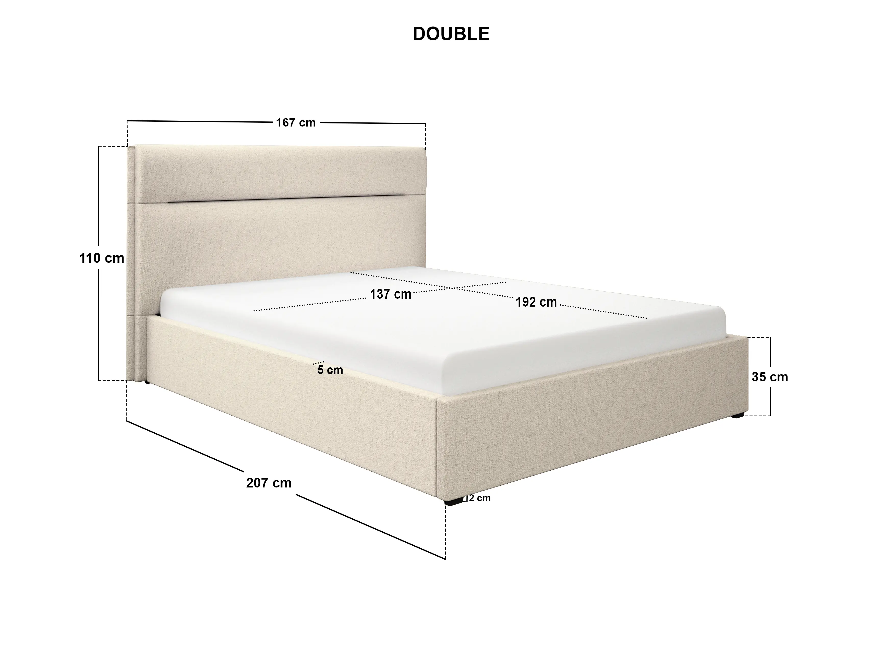 Dimensions diagram for SOLACE+CO Nela Ottoman Bed Woven Fabric Cream Double