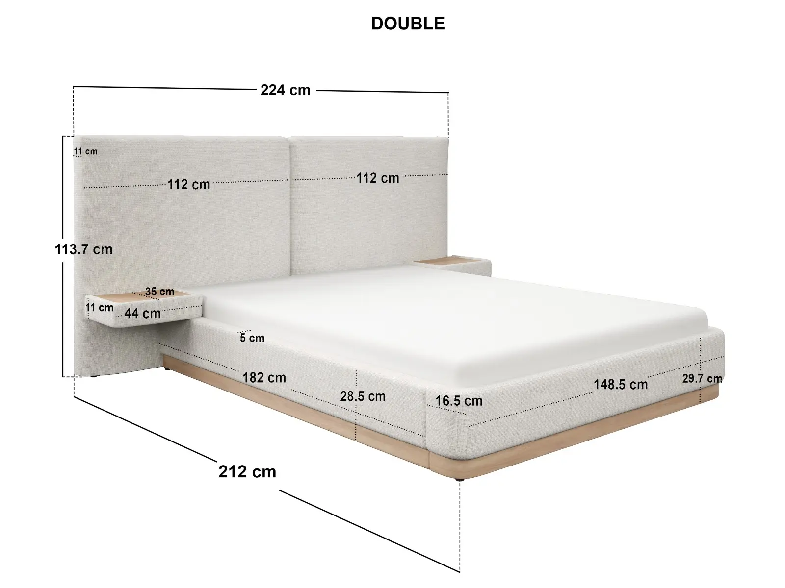 Dimensions diagram for SOLACE+CO Vera Hotel Bed Frame with Integrated Bedside Tables Cream Chenille