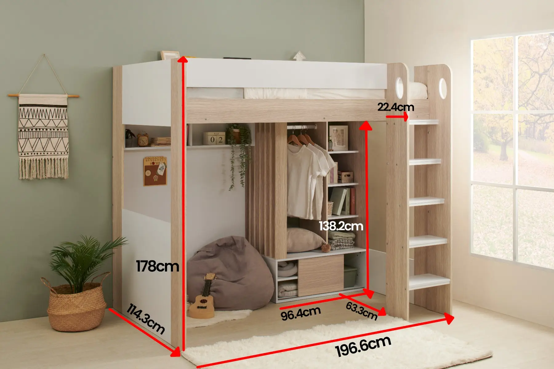 Dimensions diagram for Flair Hampton High Sleeper with Wardrobe & Storage