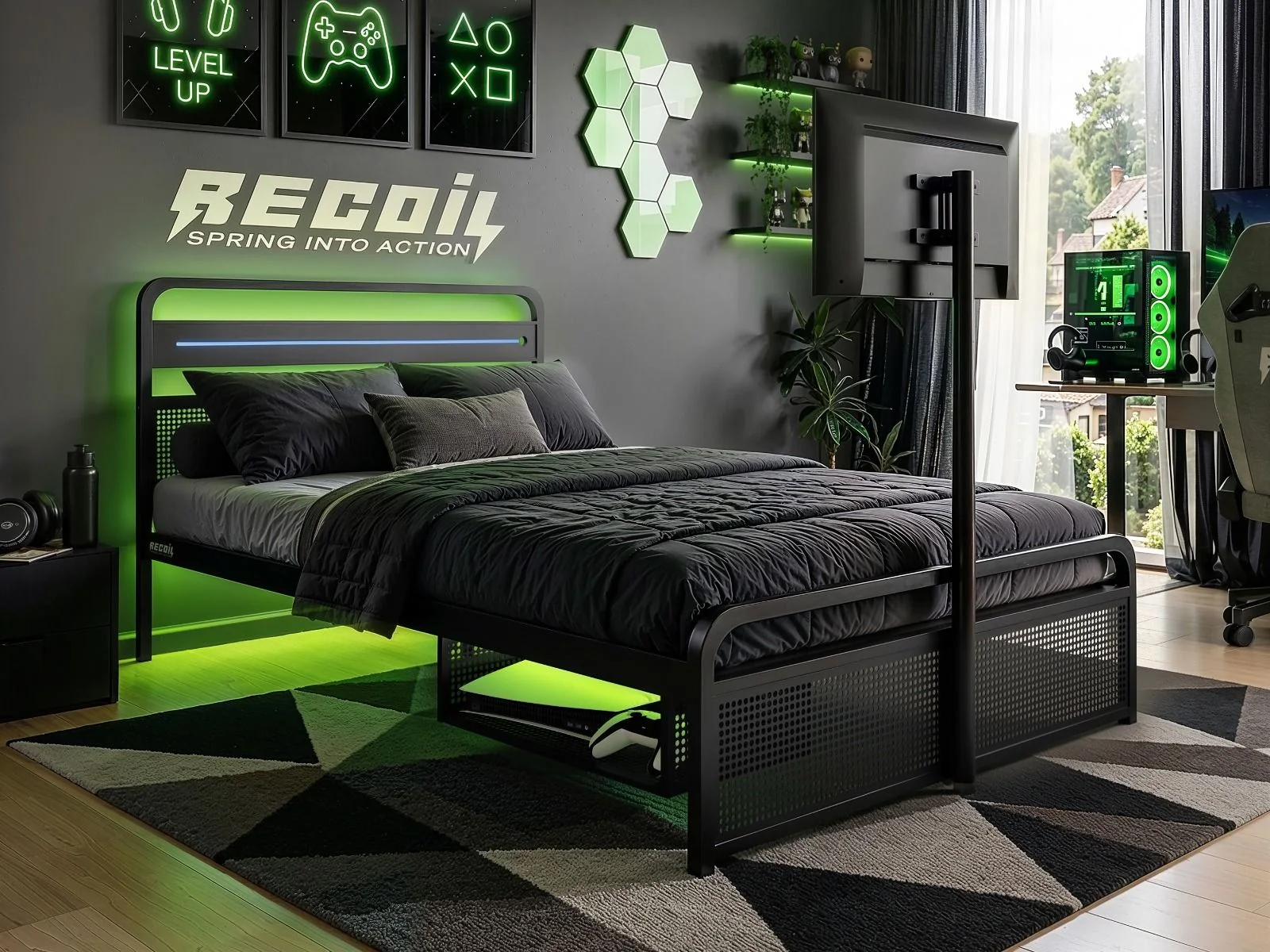 Recoil Panther Gaming TV Bed with LED Lights & Storage Black Metal
