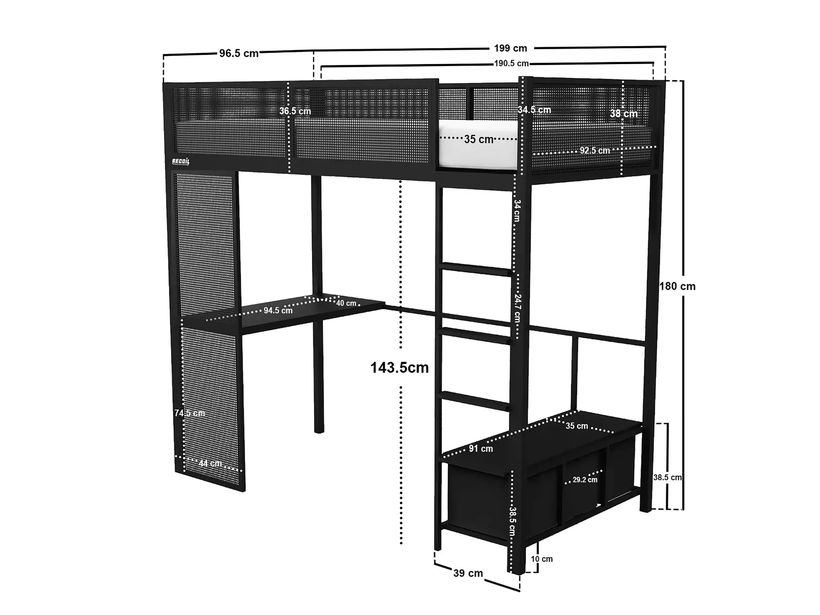 Dimensions diagram for Recoil Glitch Metal Gaming High Sleeper with Desk
