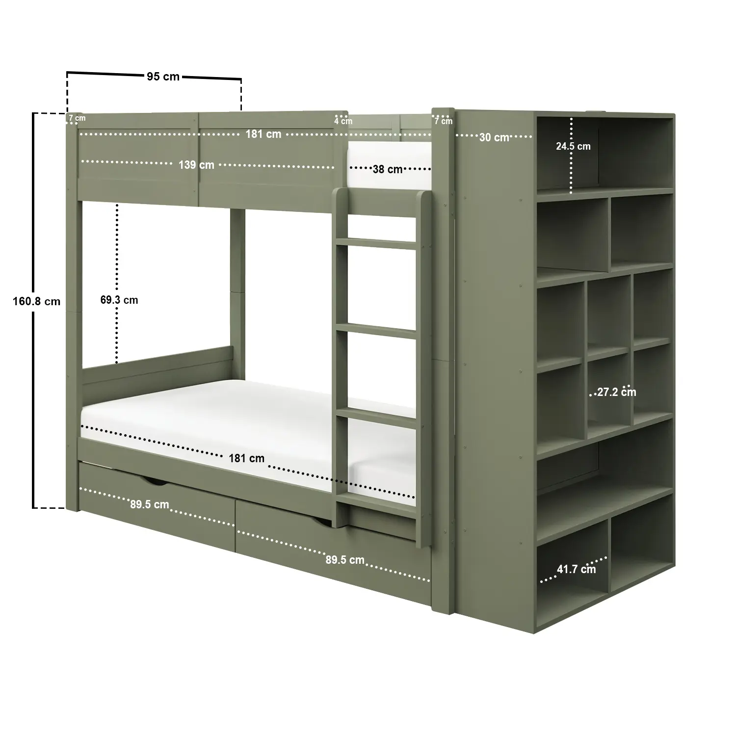 Dimensions diagram for Flair Ruby Wooden Bunk Bed with Storage Green